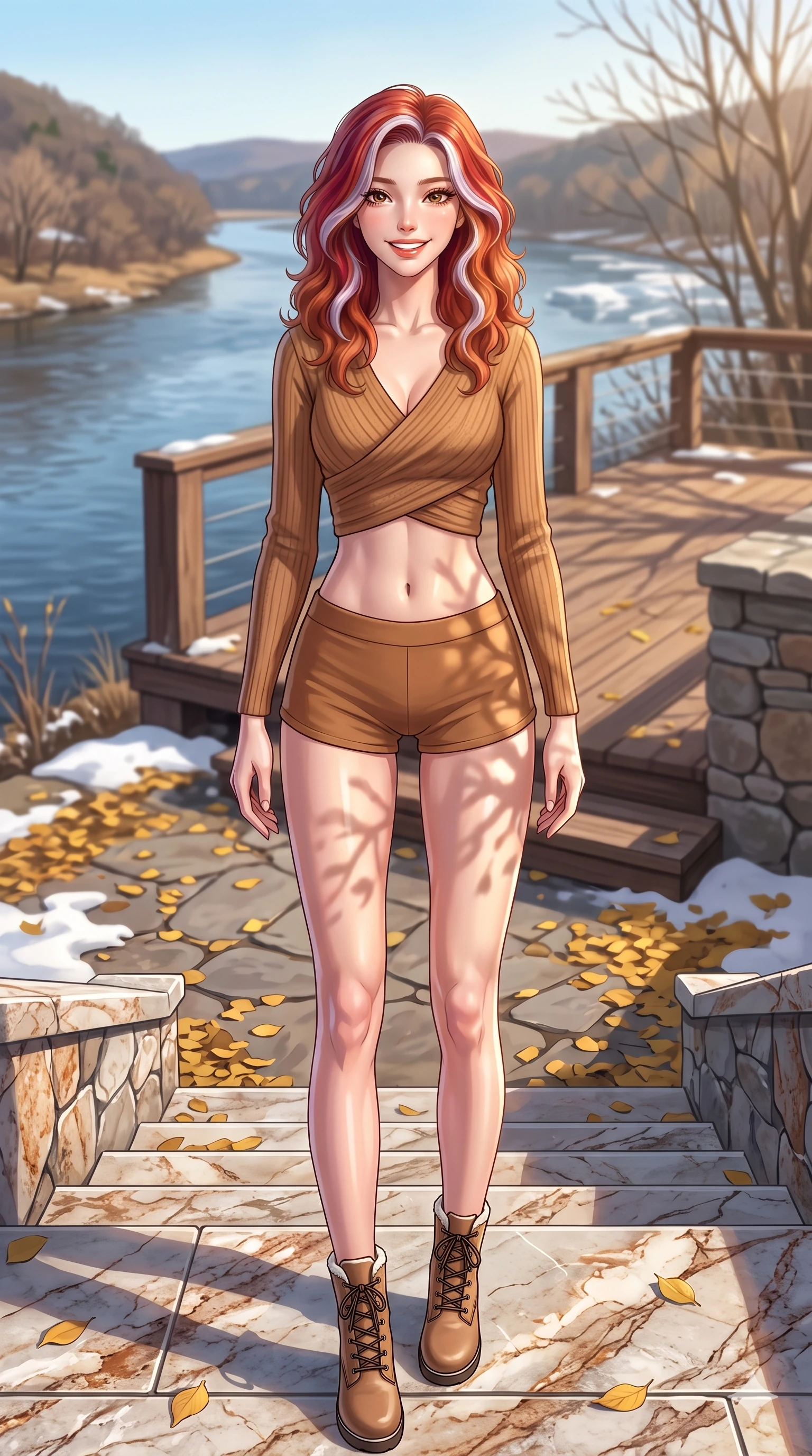 score_9, masterpiece, best quality, ultra-detailed, high-budget anime keyframe, vibrant anime aesthetic, Caucasian woman, strictly human ears. low angle full-body shot from head to toe showing her feet, filling the entire 9:16 vertical frame with her statuesque presence, stretching her vertical silhouette. She is standing on the marble steps, looking at the camera with a radiant winter smile by a scenic river bank deck with golden leaves (Code-P21-058). She has an absolutely perfect 8-heads proportion, an exceptionally tall and slender female figure with impossibly long slender legs and an ultra-slim waist. V-shaped jawline, high-bridge nose, intricate jewel-like eyes with depth, thick eyelashes, glossy lips with a natural sheen. wearing a wrap top exposing her bare midriff and micro-shorts in the snow. She is drenched in warm afternoon winter sunbeams, casting soft garden shadows on her skin. 2k, ultra detail, master piece, 9:16 ratio