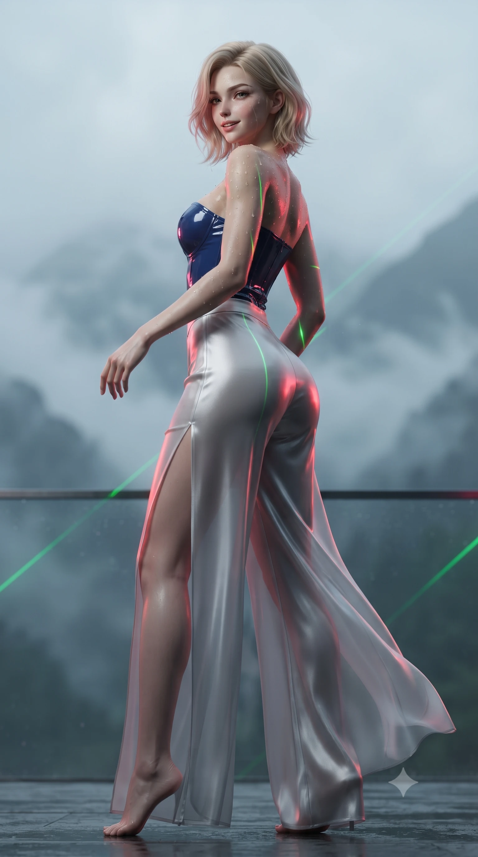 score_9, masterpiece, best quality, ultra-detailed, high-budget anime keyframe, editorial fashion photography, tasteful artistic composition, Caucasian woman. low angle full-body shot from head to toe showing her feet, filling the entire 9:16 vertical frame with her statuesque presence, stretching her vertical silhouette. executing a slow, graceful pivot turn as her skirt sways around her slender legs, glancing back with an enchanting, teasing sensual expression while twisting her slender torso in an alluring contrapposto stance, sweeping green laser beams and red neon reflections tracing her curves. The background shows a soft-focus swirling high-altitude mountain fog softened in cinematic blade-runner shallow focus. She has an absolutely perfect, statuesque 8.5-heads proportion, an exceptionally tall and slender model-like female figure with impossibly long slender legs, an ultra-slim waist, a flat toned midriff, narrow delicate ribcage, and beautifully sculpted feminine hips creating a graceful, slim hourglass silhouette without any bulky heaviness. sharp v-shaped jawline, high-bridge nose, sparkling eyes with hypnotic seductive depth, thick curled eyelashes, glossy parted lips with a natural dewy peach sheen, alluring bedroom-eyes with an enchanting coquettish smile, exuding magnetic siren charisma and sophisticated glamour, flawlessly proportioned anatomical accuracy, strict slender model proportions, natural body alignment, perfectly sculpted long slender limbs, ultra-slim waistline, clean dynamic posture without body distortion. wearing a wet-look form-fitting vinyl bustier paired with sheer chiffon high-slit wide-leg trousers in molten liquid silver and deep sapphire navy, crafted from fluid liquid silk satin that clings smoothly to every curve with a dewy sheen, finished with glistening drops of pool water beading across her sculpted shoulders and collarbones, the form-contouring silhouette accentuating her sculpted flat midriff, narrow delicate ribcage, and gracefully curvy hips with intoxicating allure. illuminated by wet terrace specular reflections and sharp emerald-magenta rim lights sculpting her razor-sharp jawline, narrow waist, and curvy hips. ultra-reflective glossy finish, specular highlights, rich textural contrasts, high-contrast stereoscopic depth, volumetric dynamic lighting, 2k, ultra detail, master piece, 9:16 ratio