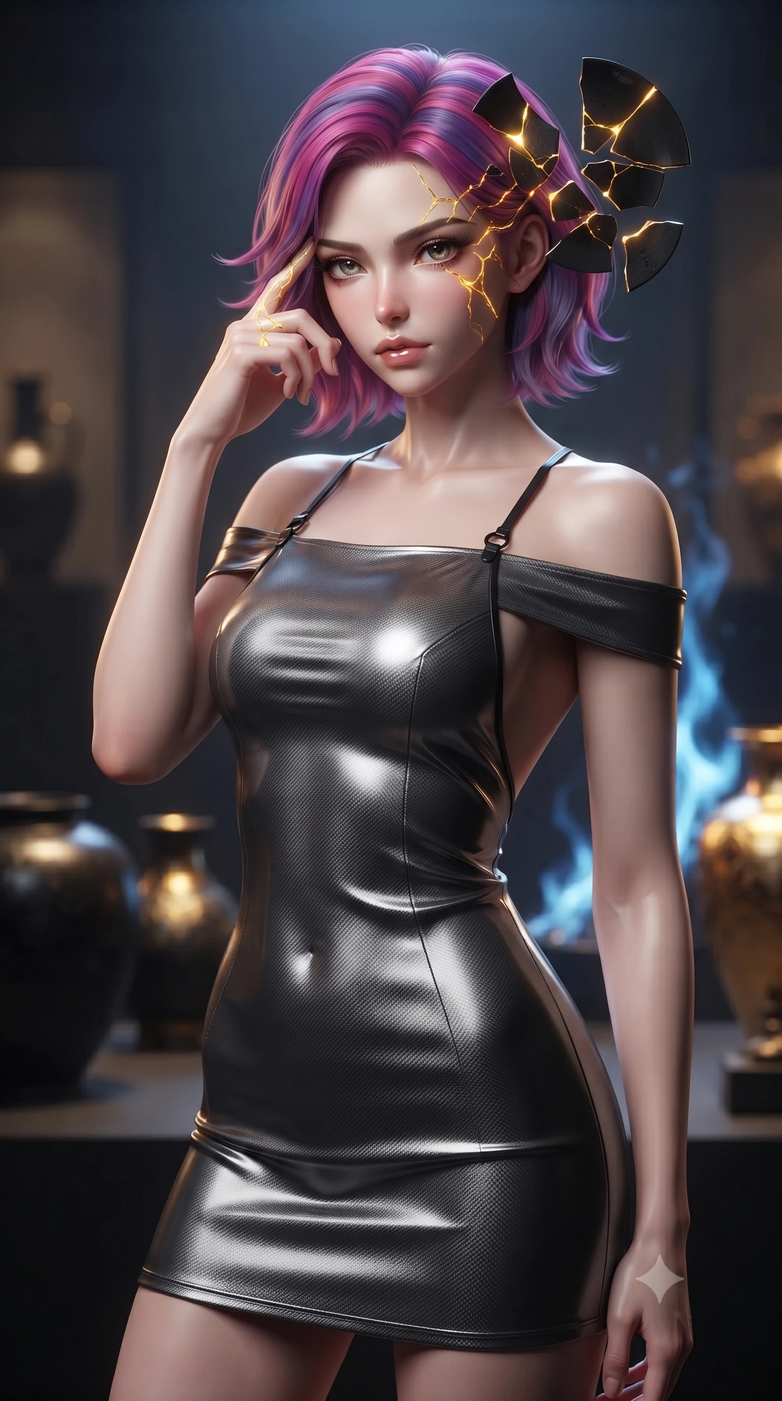 score_9, masterpiece, best quality, ultra-detailed, high-budget anime keyframe, editorial fashion photography, tasteful artistic composition, Caucasian woman. close-up cowboy shot from the waist and thighs up, the character dominates the composition, filling the frame with her large presence, background elements kept in soft focus. Pressing two fingers to her temple in a composed, sharp thoughtful gesture, guiding glowing gold liquid veins hovering between shattered black ceramic plates, glowing gold kintsugi liquid radiating an intense inner glow from dark porcelain cracks. She has an exceptionally elegant, slender, and willowy female figure with an ultra-slim waist, a gracefully sculpted slender torso, and a refined silhouette. sharp v-shaped jawline, high-bridge nose, intricate jewel-like eyes with depth, thick eyelashes, glossy lips with a natural sheen. wearing backless liquid vinyl mini slip dress with bare shoulder neckline in metallic dark silver, made of matte carbon-fiber weave, adorned with minimalist black onyx hardware framing the silhouette, following her slender form with tailored precision. bathed in dramatic contrast of warm gold liquid light and cool blue alchemy flames. ultra-reflective glossy finish, specular highlights, metallic sheen, high-contrast stereoscopic depth, volumetric dynamic lighting, 2k, ultra detail, master piece, 9:16 ratio