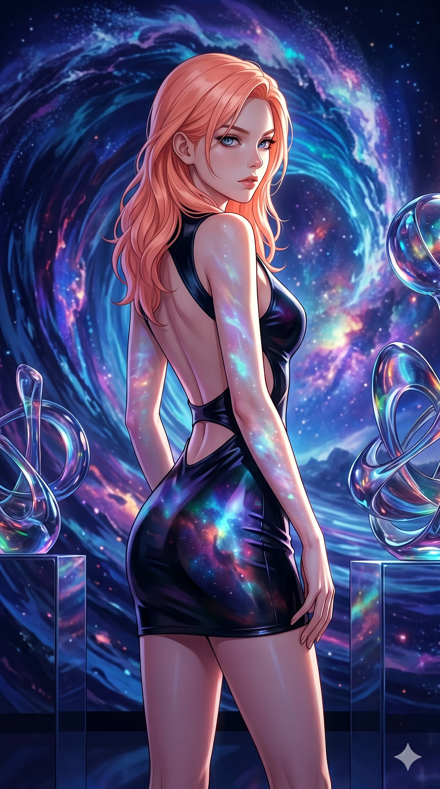 score_9, masterpiece, best quality, ultra-detailed, high-budget anime keyframe, Japanese woman. Upper body close-up from the thighs up, character filling the screen for maximum presence. She is standing in front of a giant digital painting of a cosmic wave, with abstract glass sculptures around. She poses elegantly, glancing sideways with a piercing gaze. She has an absolutely perfect 8-heads proportion, an exceptionally tall and slender female figure with impossibly long slender legs and an ultra-slim waist. V-shaped jawline, high-bridge nose, intricate jewel-like eyes with depth, thick eyelashes, glossy lips with a natural sheen. She is wearing a second-skin fashion-latex mini dress with a clean architectural front, featuring an open-back design that wraps around the sides of her waist, showcasing her slender silhouette. The scene is bathed in vibrant projections from the digital painting and a sharp white side key light. 2k, ultra detail, master piece, 9:16 ratio