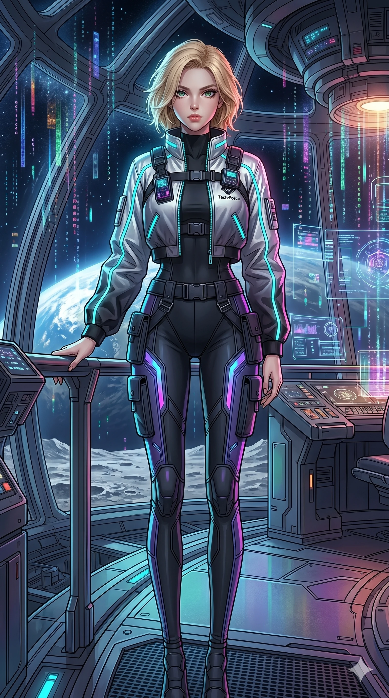 score_9, masterpiece, best quality, ultra-detailed, high-budget anime movie keyframe, cinematic anime lighting, intricate line art, Caucasian (strictly human ears) woman. Upper body filling screen focusing on her alluring features and slim-fit silhouette. standing victoriously in a lunar observatory with holographic rain. She has an absolutely perfect 8-heads proportion, an exceptionally tall and slender female figure with an ultra-slim waist and impossibly long slender legs. sharp v-shaped jawline, high-bridge nose, intricate jewel-like eyes, thick eyelashes, glossy lips. Wearing modern urban tech-wear ensemble with a cropped reflective bomber jacket, ultra-slim high-waisted cargo leggings, and tactical harness with neon-lit pouches. The scene is illuminated by dramatic atmospheric lighting and vibrant color palettes. , 2k, ultra detail, master piece, 9:16 ratio