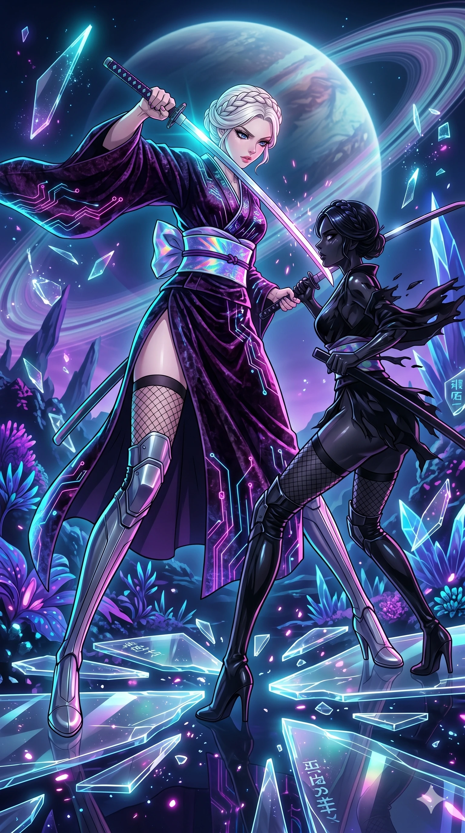 score_9, masterpiece, best quality, ultra-detailed, High-budget Anime Keyframe, vibrant colors, fluid line-art, expressive lighting, cinematic composition, Ufotable-style visual effects, top-tier animation quality, Japanese woman with delicate and elegant anime-inspired features. Wide-angle low shot emphasizing her impossibly long slender legs and commanding stature. Engaging in a fierce duel with a shadowy mirror version of herself on a platform of floating glass shards. She has an absolutely perfect 8-heads proportion, an exceptionally tall and slender female figure with impossibly long slender legs and an ultra-slim waist, her statuesque height and towering silhouette dominating the vertical 9:16 frame. Her face is a masterpiece featuring a sharp v-shaped jawline, high-bridge nose, intricate jewel-like eyes with depth, thick eyelashes, and glossy lips with a natural sheen. She is wearing a High-slit tech-kimono with holographic obi and integrated neon-lit circuitry patterns crafted from Crushed dark velvet with a deep, rich texture that absorbs light and glows at the edges, accompanied by sensual fishnet stockings and thigh-high metallic boots. The scene is set in a mysterious alien planet with bioluminescent purple flora and a giant ringed planet in the sky, illuminated by harsh neon light and deep shadows creating a high-contrast noir aesthetic. 2k, ultra detail, master piece, 9:16 ratio
