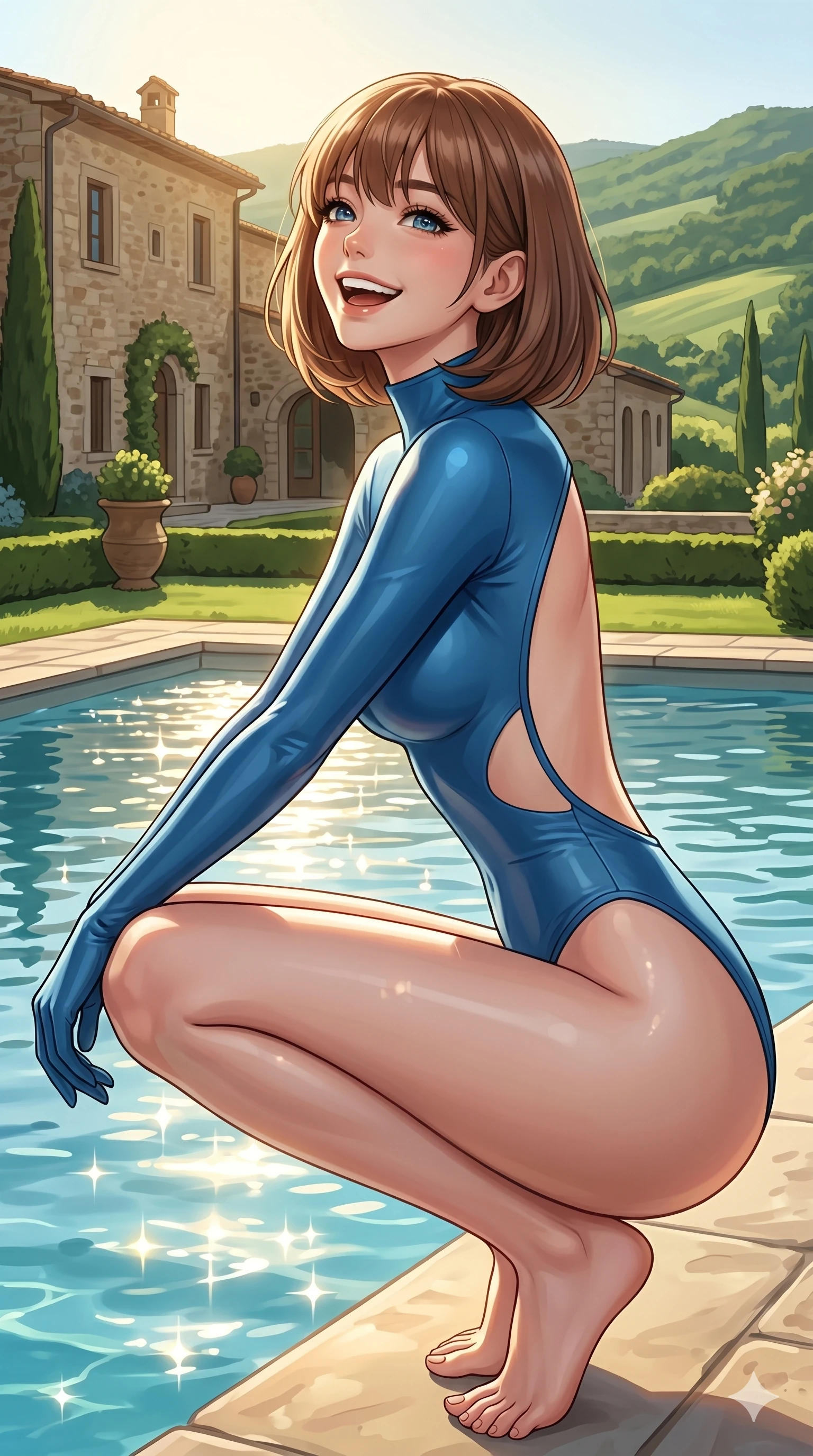 score_9, masterpiece, best quality, ultra-detailed, high-budget anime keyframe, editorial fashion photography, tasteful artistic composition, Caucasian woman, strictly human ears. cowboy shot from the thighs up, character and outfit filling the frame for maximum editorial presence. crouching slightly by the pool, looking up with a bright, cheerful laugh and happy eyes standing by an outdoor pool of a country villa surrounded by green hills. She has an absolutely perfect 8-heads proportion, an exceptionally tall and slender female figure with impossibly long slender legs and an ultra-slim waist. V-shaped jawline, high-bridge nose, intricate jewel-like eyes with depth, thick eyelashes, glossy lips with a natural sheen. wearing a sleek, glove-like blue bodysuit with side cutouts and an open back. bathed in warm morning sunlight reflecting off the pool water, creating sparkles. 2k, ultra detail, master piece, 9:16 ratio