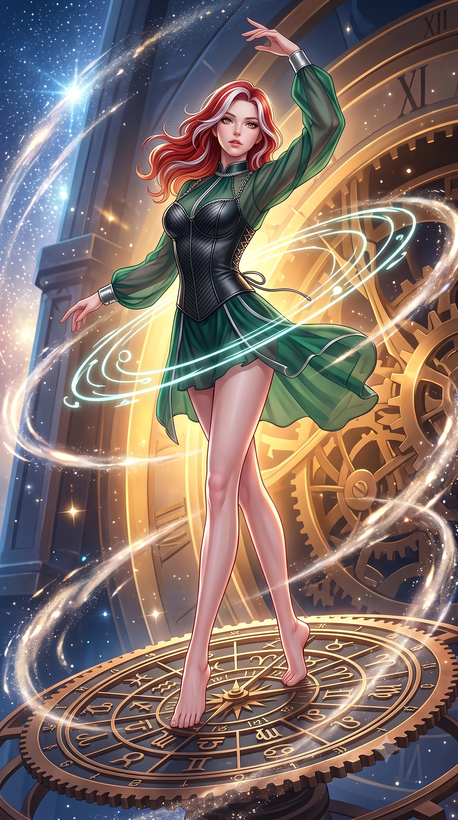 score_9, masterpiece, best quality, ultra-detailed, high-budget anime keyframe, editorial fashion photography, tasteful artistic composition, Caucasian woman. low angle full-body shot from head to toe showing her feet, filling the entire 9:16 vertical frame with her statuesque presence, stretching her vertical silhouette. performing an athletic mid-air rotation with flawless poise, her vertical silhouette beautifully stretched while pivoting dynamically on a revolving bronze zodiac dial surrounded by comet dust streams, glowing orbital glyphs hovering in fluid circular paths around her torso. She has an absolutely perfect, statuesque 8.5-heads proportion, an exceptionally tall and slender model-like female figure with impossibly long slender legs and an ultra-slim waist. sharp v-shaped jawline, high-bridge nose, intricate jewel-like eyes with depth, thick eyelashes, glossy lips with a natural sheen, flawlessly proportioned anatomical accuracy, natural body alignment, perfectly sculpted elegant limbs, clean dynamic posture without body distortion. wearing a tailored leather bustier over a sheer silk chiffon blouse in deep emerald green and silver accent, made of fine carbon-fiber weave and soft matte leather, adorned with delicate metallic chain straps along the neckline, the form-contouring material highlighting her ultra-slim waist and long lines. bathed in brilliant starlight and warm golden inner glow from the clockwork citadel. highly saturated vibrant anime colors, detailed shading with soft gradients, rich glossy textures, high-contrast stereoscopic depth, volumetric dynamic lighting, master piece, 9:16 ratio