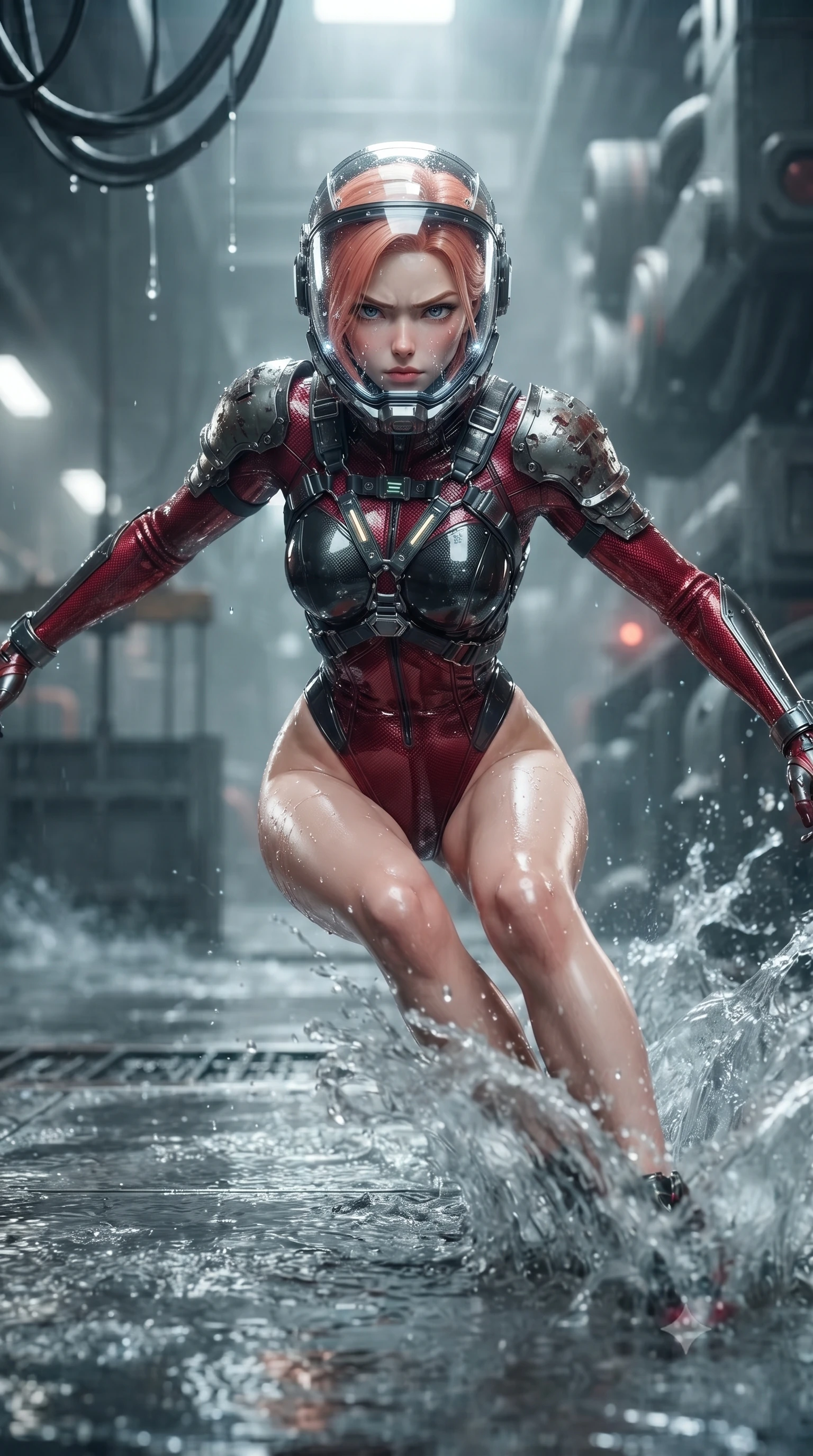 score_9, masterpiece, best quality, ultra-detailed, high-budget anime keyframe, editorial fashion photography, tasteful artistic composition, Japanese woman. close-up cowboy shot from the waist and thighs up, the character dominates the composition, filling the frame with her large presence. in a razor-sharp Panzer Kunst fighting guard with raised fists, captivating jewel-like eyes locked onto the viewer with fierce, resolute determination while sliding across the wet floor into a low sweep stance, sending a high-pressure wave of water cascading toward the camera. The composition keeps background elements in soft focus with creamy bokeh. submerged industrial sluice gates and dripping overhead conduits softened in atmospheric shallow focus. She has an exceptionally elegant, slender, and willowy female figure with an ultra-slim waist, a gracefully sculpted slender torso, toned flat midriff, and a refined slim silhouette. sharp v-shaped jawline, high-bridge nose, intricate jewel-like eyes with depth, thick eyelashes, glossy lips with a natural sheen, fierce and resolute heroine expression, flawlessly proportioned anatomical accuracy, strict slender model proportions, natural body alignment, perfectly sculpted long slender limbs, ultra-slim waistline, clean dynamic posture without body distortion. wearing a crystal-clear transparent armored riot-visor helmet showing her entire beautiful face and determined expression with pristine clarity, paired with a heavy modular carbon-fiber combat cuirass paired with a second-skin tactical leotard and reinforced titanium shoulder pauldrons in deep battle-scarred crimson carbon weave with specular dark chrome accents, formed from high-gloss patent carbon-plating with specular dystopian chiaroscuro reflections, complemented by criss-cross back harness straps highlighting her completely bare spine, the liquid-tight tailored fabric emphasizing every curve of her tall, slender model proportions and sculptured silhouette during dynamic movement. illuminated by wet reflective highlights tracing her sculpted collarbones, waistline, and long slender legs. ultra-reflective glossy finish, specular highlights, dark metallic sheen, high-contrast stereoscopic depth, volumetric dynamic lighting, 2k, ultra detail, master piece, 9:16 ratio