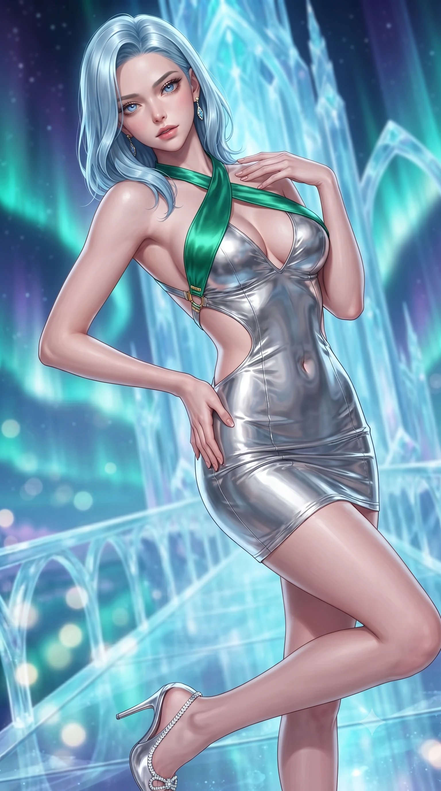 score_9, masterpiece, best quality, ultra-detailed, high-budget anime keyframe, editorial fashion photography, tasteful artistic composition, Korean woman. close-up cowboy shot from the waist and thighs up, the character dominates the composition, filling the frame with her large presence. twisting her upper body in a dynamic S-curve with an alluring smolder, one hand trailing along her slender waist while striding gracefully along a translucent glacial bridge suspended beneath a swirling emerald aurora in a soaring crystal palace. The composition keeps background elements in soft focus with creamy bokeh. swirling emerald and violet aurora ribbons and crystal ice arches blurred into radiant, luminous cyan bokeh. She has an exceptionally elegant, slender, and willowy female figure with an ultra-slim waist, a gracefully sculpted slender torso, toned flat midriff, and a refined slim silhouette. sharp v-shaped jawline, high-bridge nose, intricate jewel-like eyes with depth, thick eyelashes, glossy lips with a natural sheen, flawlessly proportioned anatomical accuracy, strict slender model proportions, natural body alignment, perfectly sculpted long slender limbs, ultra-slim waistline, clean dynamic posture without body distortion. wearing a molten silver liquid-metal mini dress featuring deep side-waist cutouts and a daring crossover halter neckline in bright emerald green satin and gold hardware, formed from high-gloss patent material with specular light reflections, complemented by criss-cross back straps highlighting her completely bare spine, the sleek second-skin cut tightly hugging her graceful clavicle, narrow waist, and feminine curves with athletic precision. illuminated by cool white key light and crisp cyan rim highlights tracing her slender curves. ultra-reflective glossy finish, specular highlights, metallic sheen, high-contrast stereoscopic depth, volumetric dynamic lighting, 2k, ultra detail, master piece, 9:16 ratio
