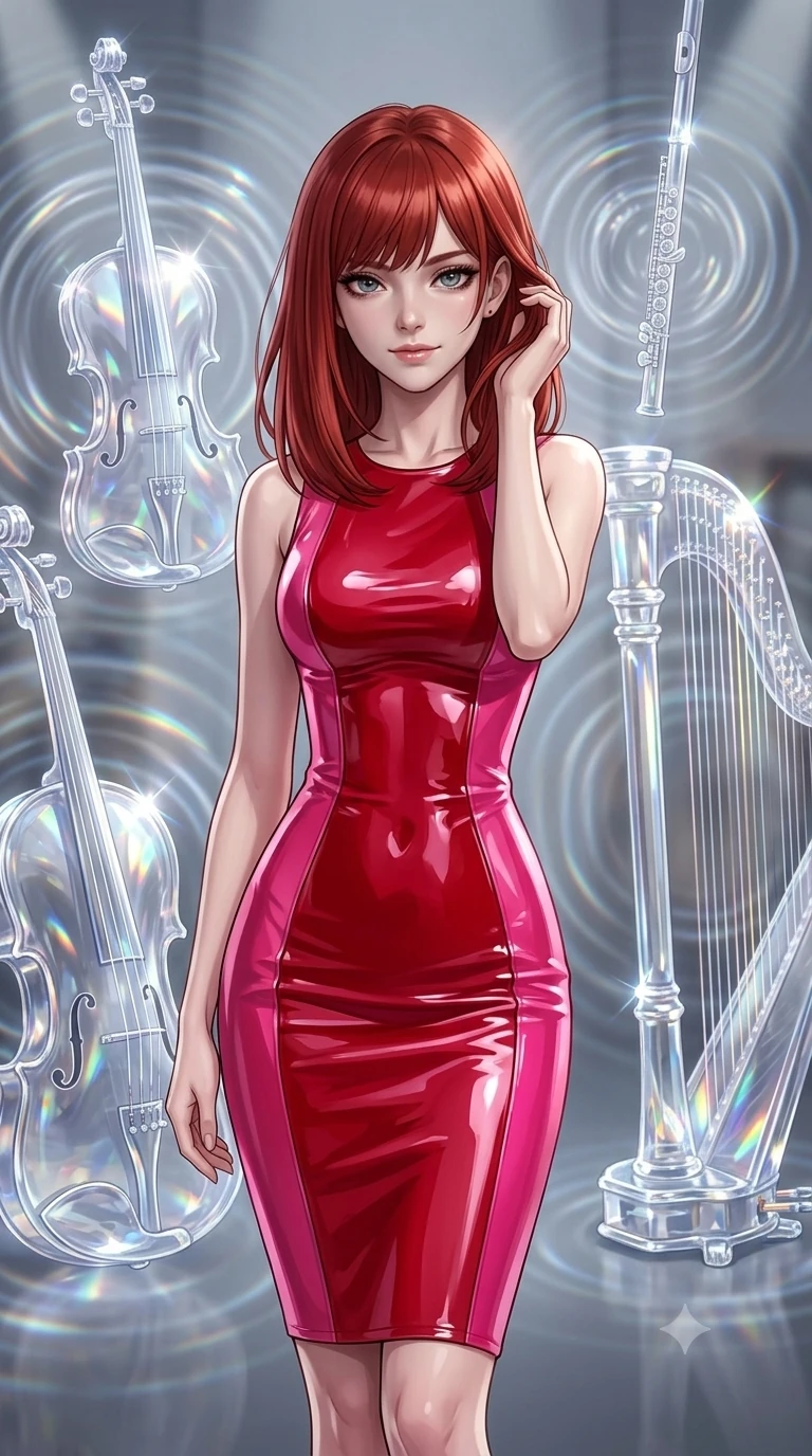 score_9, masterpiece, best quality, ultra-detailed, high-budget anime keyframe, editorial fashion photography, tasteful artistic composition, Caucasian woman, strictly human ears. close-up cowboy shot from the waist and thighs up, the character dominates the composition, filling the frame with her large presence, background elements kept in soft focus. Gently brushing hair from her face with an enigmatic half-smile. set against a soft-focus background of a gallery of enormous crystal glass instruments that play themselves by resonating with invisible energy sending visible concentric sound ripples expanding through the air like rings on water. She has an exceptionally elegant and slender, willowy female figure with an ultra-slim waist, a gracefully sculpted slender torso, and a refined slim physique. sharp v-shaped jawline, high-bridge nose, intricate jewel-like eyes with depth, thick eyelashes, glossy lips with a natural sheen. wearing a glossy vinyl-effect pencil dress in dual-tone cherry red and hot pink, sculpting her slender silhouette with lacquered perfection. clear focused spotlights on each crystal instrument creating brilliant specular highlights and prismatic refractions with visible sound ripples distorting the light patterns. 2k, ultra detail, master piece, 9:16 ratio