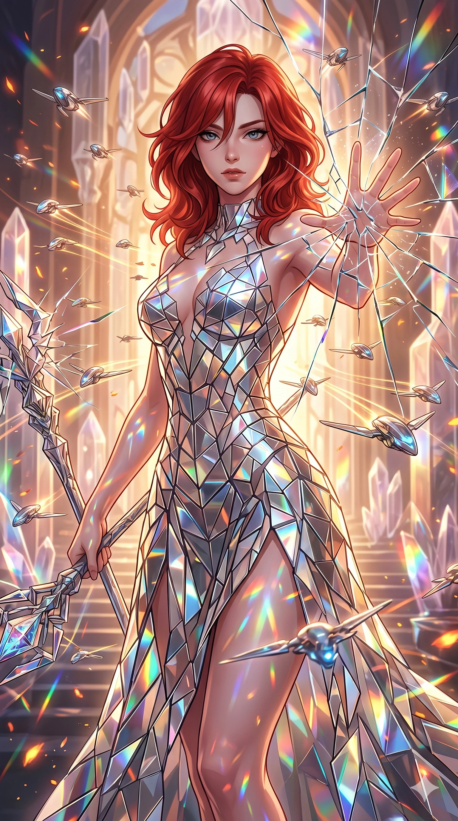 score_9, masterpiece, best quality, ultra-detailed, Set A: High-budget Anime Keyframe, Japanese woman. Upper body close-up from the thighs up, character filling the screen for maximum presence. Theme: Ethereal Dream. shattering the fabric of reality in a temple made of solid light, surrounded by 199 hovering guardian drones. The atmosphere is filled with golden hour with floating embers. She has an absolutely perfect 8-heads proportion, an exceptionally tall and slender female figure with impossibly long slender legs and an ultra-slim waist. Sharp v-shaped jawline, high-bridge nose, intricate jewel-like eyes with depth, glossy lips. Wearing Fragmented mirror-glass dress that creates a prismatic lighting effect around her. Cinematic lighting, vivid colors, dramatic shadows, 2k, ultra detail, master piece, 9:16 ratio