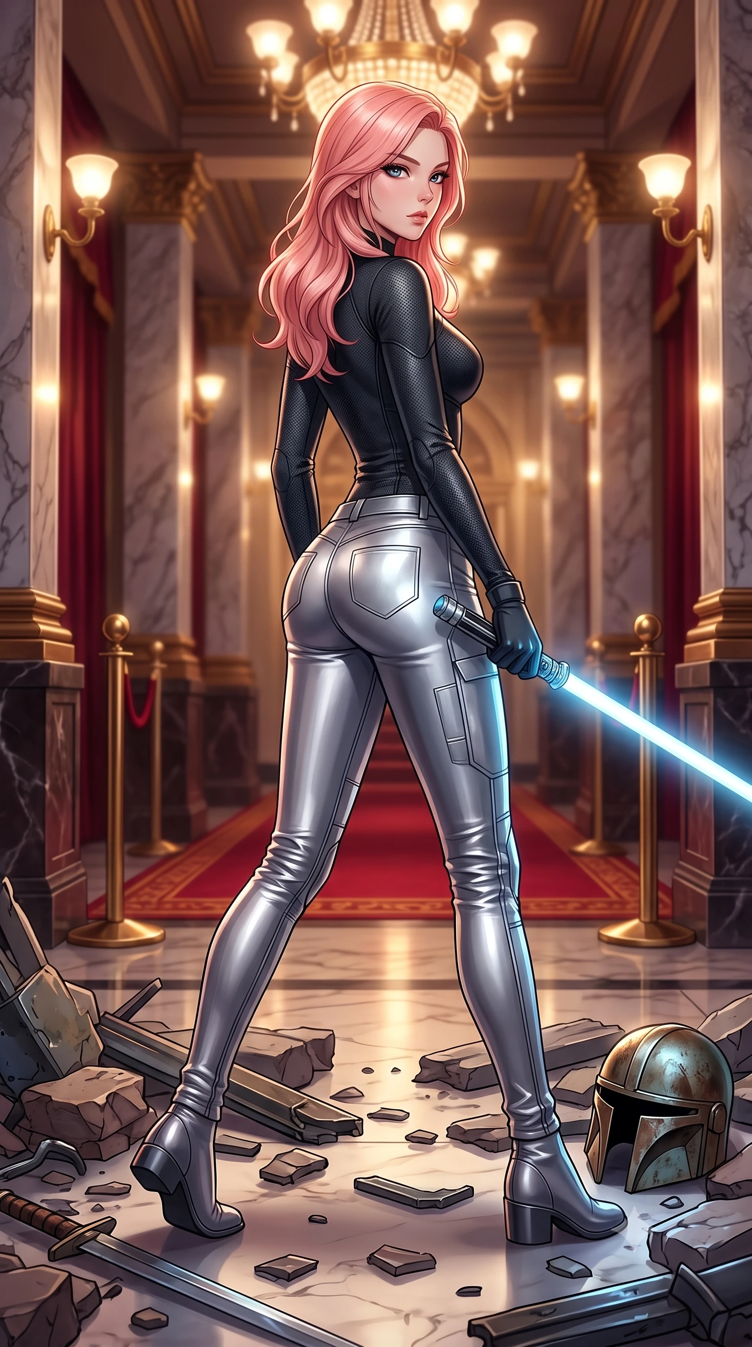 score_9, masterpiece, best quality, ultra-detailed, high-budget anime keyframe, editorial fashion photography, tasteful artistic composition, Japanese woman. low angle full-body shot from head to toe showing her feet, filling the entire 9:16 vertical frame with her statuesque presence, stretching her vertical silhouette. stepping gracefully through battlefield debris with a glowing saber hilt in hand, looking back over her shoulder, the background shows a soft-focus a grand theater corridor with marble columns and red carpets under chandeliers. She has an absolutely perfect, statuesque 8.5-heads proportion, an exceptionally tall and slender model-like female figure with impossibly long slender legs and an ultra-slim waist. sharp v-shaped jawline, high-bridge nose, intricate jewel-like eyes with depth, thick eyelashes, glossy lips with a natural sheen. wearing a slim-fit body-hugging long-sleeve combat top in carbon-black, tucked into tight-fitting metallic silver skinny pants. multiple warm ambient lights reflecting off polished marble and brass. highly saturated vibrant anime colors, detailed shading with soft gradients, rich glossy textures, high-contrast stereoscopic depth, volumetric dynamic lighting, master piece, 9:16 ratio