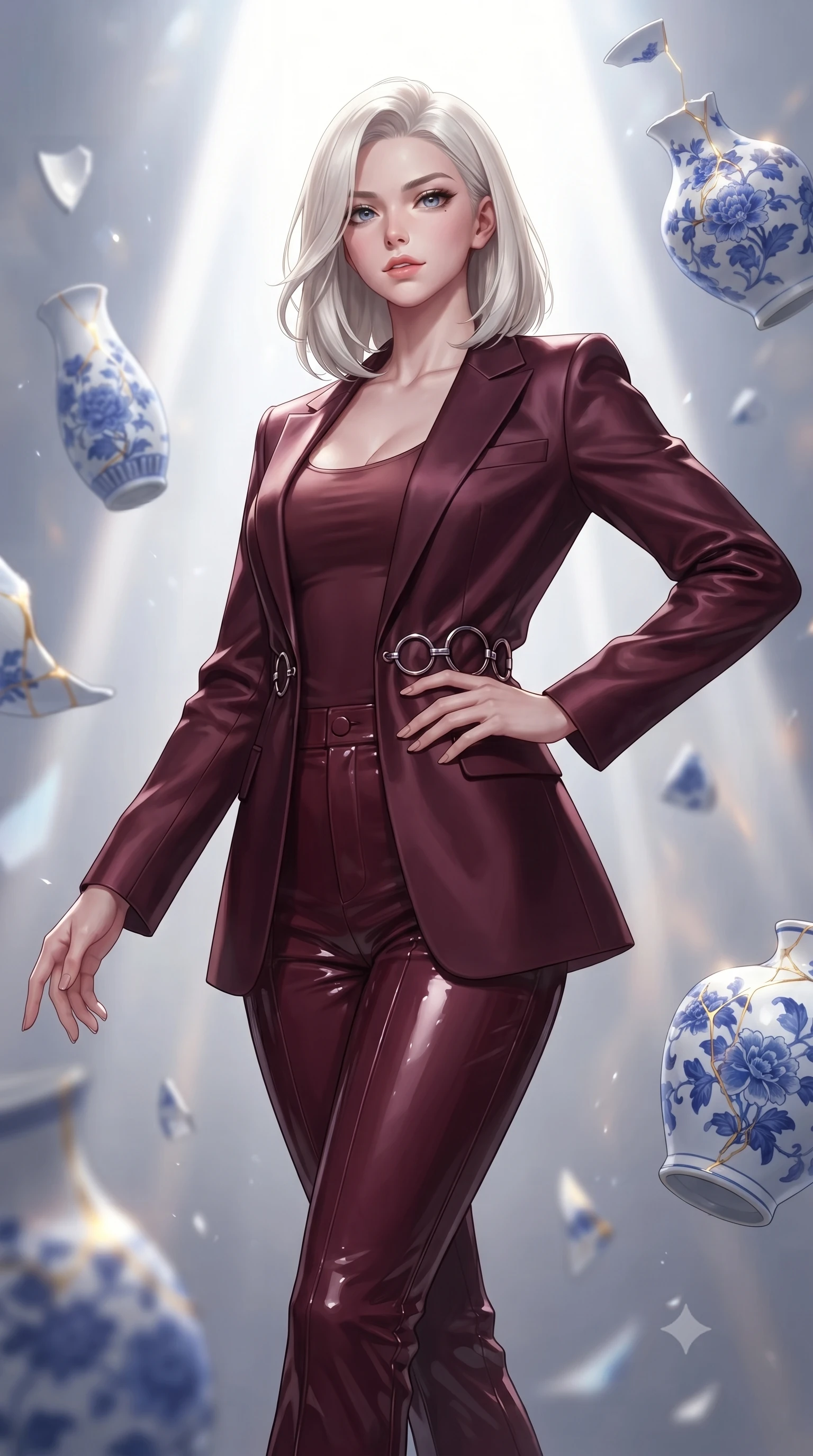 score_9, masterpiece, best quality, ultra-detailed, high-budget anime keyframe, editorial fashion photography, tasteful artistic composition, Caucasian woman. close-up cowboy shot from the waist and thighs up, the character dominates the composition, filling the frame with her large presence, background elements kept in soft focus. Holding a powerful dynamic pose with one hand on her hip and body angled dramatically toward the key light while stepping forward with proud posture as alchemy light beams illuminate her statuesque figure, intricate cobalt blue floral patterns on floating white ceramic vase shards. She has an exceptionally elegant, slender, and willowy female figure with an ultra-slim waist, a gracefully sculpted slender torso, and a refined silhouette. sharp v-shaped jawline, high-bridge nose, intricate jewel-like eyes with depth, thick eyelashes, glossy lips with a natural sheen, flawlessly proportioned anatomical accuracy, natural body alignment, perfectly sculpted elegant limbs, clean dynamic posture without body distortion. wearing a tailored silk blazer over a form-contouring scoop-neck top and slacks in deep burgundy and bronze, tailored from high-gloss patent leather, accented with delicate chrome ring hardware framing her waist, the elegant draped fit framing her graceful clavicle and slender torso. bathed in radiant golden kintsugi light radiating from ceramic cracks. ultra-reflective glossy finish, specular highlights, metallic sheen, high-contrast stereoscopic depth, volumetric dynamic lighting, 2k, ultra detail, master piece, 9:16 ratio
