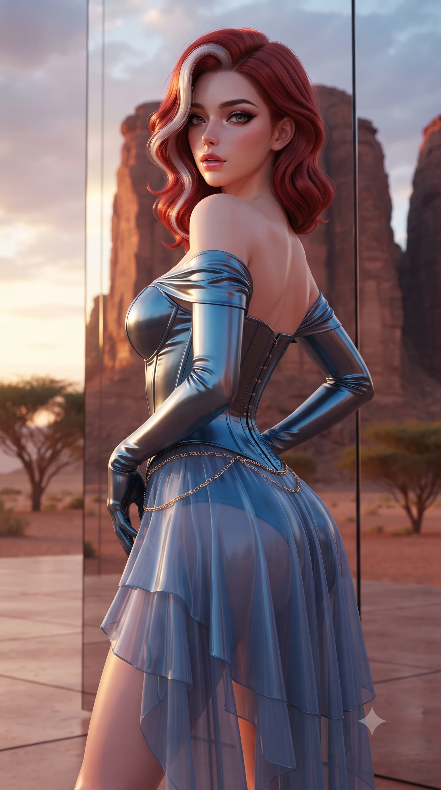 score_9, masterpiece, best quality, ultra-detailed, high-budget anime keyframe, semi-realistic 3D game render, editorial fashion photography, tasteful artistic composition, Caucasian woman. close-up cowboy shot from the waist and thighs up, the character dominates the composition, filling the frame with her large presence. posing in an alluring rear three-quarter angle, arching her lower back in a pronounced S-curve with one hand on her hip, glancing seductively over her bare shoulder with parted glossy lips while standing beside the monumental mirrored facade reflecting towering red sandstone monoliths, arching her lower back in high-fashion sovereign poise. The composition keeps background elements in soft focus with creamy bokeh. infinite mirror reflections and distant desert acacia trees softened in avant-garde shallow focus. She has an exceptionally elegant, slender, and willowy female figure with an ultra-slim waist, flat toned midriff, narrow ribcage, and sculpted feminine hips creating an alluring, slim hourglass silhouette without bulk. sharp v-shaped jawline, high-bridge nose, intricate jewel-like eyes with depth, thick eyelashes, glossy parted lips with a natural sheen, intensely captivating and seductive bedroom-eyes expression, flawlessly proportioned anatomical accuracy, strict slender model proportions, natural body alignment, perfectly sculpted long slender limbs, ultra-slim waistline, clean dynamic posture without body distortion. wearing an off-shoulder French court corset bodice dress paired with a tiered translucent chiffon slit skirt in metallic gunmetal and electric azure, tailored from second-skin aerodynamic stretch vinyl with specular wet sheen, accented with a delicate gold chain belt resting loosely on her curvy hips, the glove-like aerodynamic silhouette tightly following the natural contour of her hips and long slender legs with statuesque 8.5-heads elegance. illuminated by mirror-bounce sunset rays sharply defining her sculpted collarbones, ultra-slim waist, and curvy hips. highly saturated vibrant anime colors, detailed shading with soft gradients, rich glossy textures, high-contrast stereoscopic depth, volumetric dynamic lighting, master piece, 9:16 ratio