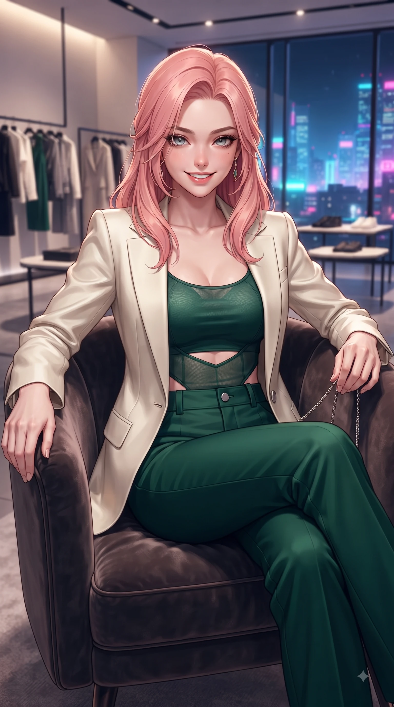 score_9, masterpiece, best quality, ultra-detailed, high-budget anime keyframe, editorial fashion photography, tasteful artistic composition, Japanese woman. close-up cowboy shot from the waist and thighs up, the character dominates the composition, filling the frame with her large presence, background elements kept in soft focus. Radiant youthful grin reflecting college charm while casting a playful, joyful side-gaze with heavy lashes while lounging in a velvet armchair inside a high-end designer showroom with a smoldering smile, cool evening breeze fluttering her chic trendy outfit into fluid motions. She has an exceptionally elegant, slender, and willowy female figure with an ultra-slim waist, a gracefully sculpted slender torso, and a refined silhouette. sharp v-shaped jawline, high-bridge nose, intricate jewel-like eyes with depth, thick eyelashes, glossy lips with a natural sheen, flawlessly proportioned anatomical accuracy, natural body alignment, perfectly sculpted elegant limbs, clean dynamic posture without body distortion. wearing a tailored cream silk blazer over a form-contouring scoop-neck top and slacks in deep emerald green and silver accent, woven from fine semi-opaque sheer organza, featuring subtle geometric cutouts that highlight her ultra-slim midriff, the sleek second-skin texture accentuating her magnetic presence. illuminated by vibrant neon skyline glow and clear specular rim highlights. ultra-reflective glossy finish, specular highlights, metallic sheen, high-contrast stereoscopic depth, volumetric dynamic lighting, 2k, ultra detail, master piece, 9:16 ratio