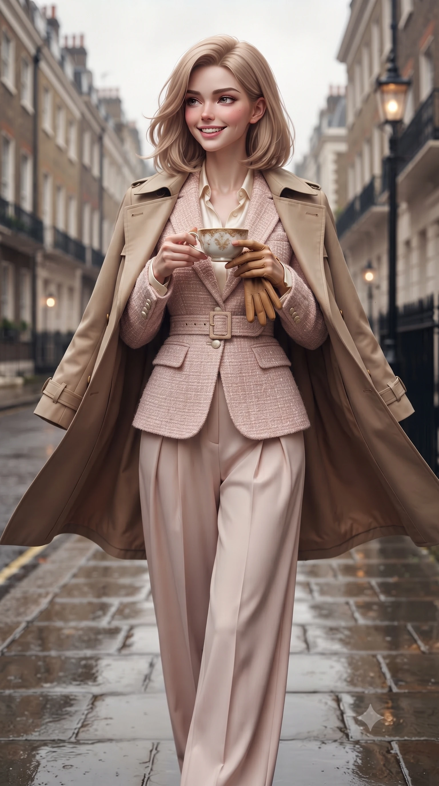 score_9, masterpiece, best quality, ultra-detailed, high-budget anime keyframe, editorial fashion photography, tasteful artistic composition, Korean woman. close-up cowboy shot from the waist and thighs up, the character dominates the composition, filling the frame with her large presence. holding a warm porcelain cup in both hands while tilting her head with an enchanting, beaming smile while walking down the rain-slicked London street with confident model strides, her trench coat fluttering with dynamic rhythm. The background shows a soft-focus historic Georgian townhouse facades softened in moody London autumn shallow focus. She has an exceptionally elegant, slender, and willowy female figure with an ultra-slim waist, flat toned midriff, narrow ribcage, and sculpted feminine hips creating an alluring, slim hourglass silhouette without bulk. sharp v-shaped jawline, high-bridge nose, intricate jewel-like sparkling eyes with depth, thick eyelashes, glossy parted lips with a natural peach sheen, bright cheerful beaming smile with an enchanting and coquettish sensual glint, exuding both youthful cute charm and seductive allure, flawlessly proportioned anatomical accuracy, strict slender model proportions, natural body alignment, perfectly sculpted long slender limbs, ultra-slim waistline, clean dynamic posture without body distortion. wearing a chic tailored smoking jacket blazer paired with fluid pleated palazzo trousers and a silk blouse base in Parisian pastel rose bouclé and cream pearl, made of luxurious brushed wool flannel with rich textural depth and clean structure, complemented by buttery leather gloves held delicately in one manicured hand, the structured cinched belt emphasizing her narrow waistline and gracefully balanced proportions with timeless haute-couture polish. illuminated by wet pavement specular reflections and crisp silver-amber rim lights accentuating her tall slender frame and cheekbones. ultra-reflective glossy finish, specular highlights, rich textural contrasts, high-contrast stereoscopic depth, volumetric dynamic lighting, 2k, ultra detail, master piece, 9:16 ratio