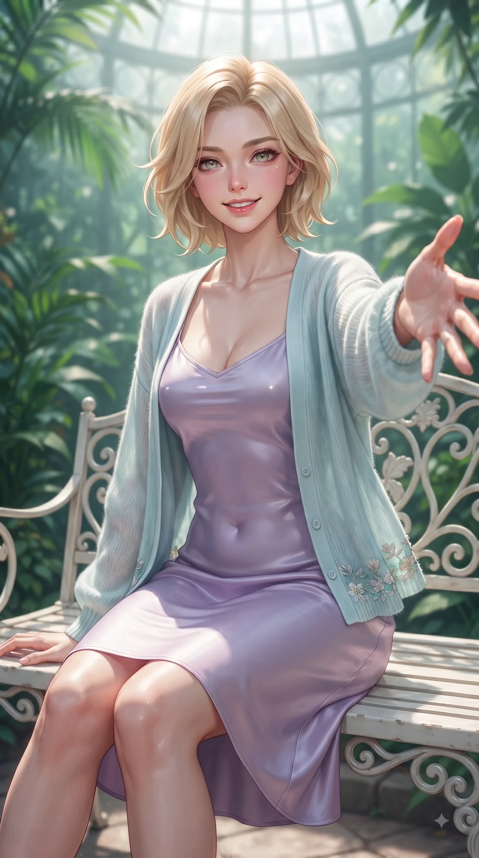 score_9, masterpiece, best quality, ultra-detailed, high-budget anime keyframe, editorial fashion photography, tasteful artistic composition, Caucasian woman. close-up cowboy shot from the waist and thighs up, the character dominates the composition, filling the frame with her large presence. Fresh enchanting smile, her eyes twinkling like jewels in the bright sunlight as one arm reaches out cheerfully while sitting on a classic white iron bench in a sun-drenched glasshouse surrounded by emerald greenery. The composition keeps background elements in soft focus with dreamy bokeh. lush tropical foliage and misty glass dome panes blurred into a dreamy emerald background bokeh. She has an exceptionally elegant, slender, and willowy female figure with an ultra-slim waist, a gracefully sculpted slender torso, and a refined silhouette. sharp v-shaped jawline, high-bridge nose, intricate jewel-like eyes with depth, thick eyelashes, glossy lips with a natural sheen, flawlessly proportioned anatomical accuracy, natural body alignment, perfectly sculpted elegant limbs, clean dynamic posture without body distortion. wearing a graceful lavender satin slip dress layered under a loose soft white knit cardigan in ocean turquoise and sea-salt white, made of fine lightweight chiffon that flutters gently in the breeze, complemented by delicate embroidered floral trim along the hem, the tailored casual silhouette highlighting her fresh and youthful presence. surrounded by a peaceful, sun-drenched, and healing greenhouse atmosphere. ultra-reflective glossy finish, specular highlights, metallic sheen, high-contrast stereoscopic depth, volumetric dynamic lighting, 2k, ultra detail, master piece, 9:16 ratio