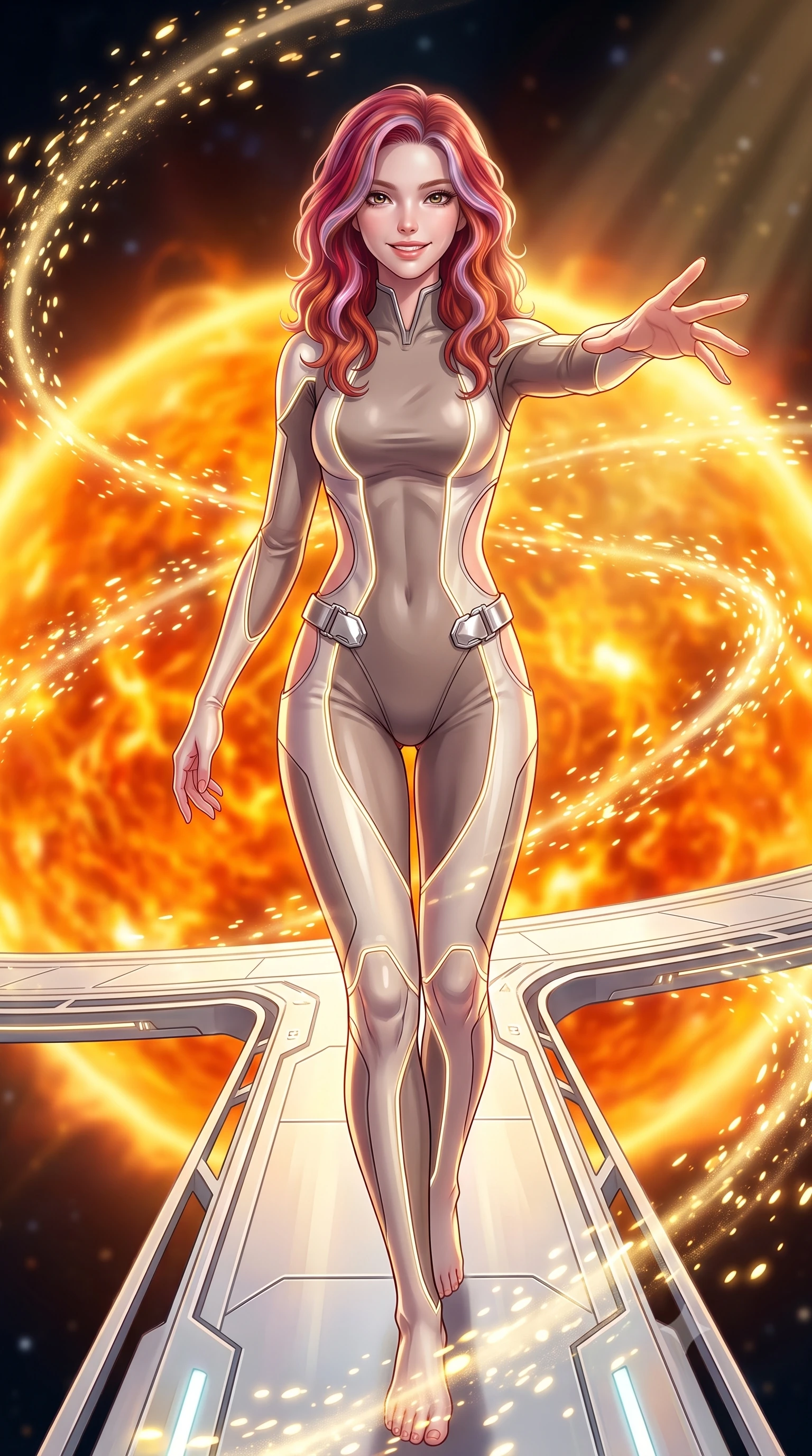 score_9, masterpiece, best quality, ultra-detailed, high-budget anime keyframe, editorial fashion photography, tasteful artistic composition, Caucasian woman. close-up cowboy shot from the waist and thighs up, the character dominates the composition, filling the frame with her large presence, background elements kept in soft focus. Extending one arm in an elegant stretch toward the light while smiling with magnetic self-assurance while stepping forward with a proud statuesque stride along a platinum ring suspended over a sun core, glowing solar pollen particles drifting in rapid swirling currents nearby. She has an exceptionally elegant, slender, and willowy female figure with an ultra-slim waist, a gracefully sculpted slender torso, and a refined silhouette. sharp v-shaped jawline, high-bridge nose, intricate jewel-like eyes with depth, thick eyelashes, glossy lips with a natural sheen, flawlessly proportioned anatomical accuracy, natural body alignment, perfectly sculpted elegant limbs, clean dynamic posture without body distortion. wearing a skin-tight cybernetic bodysuit with glowing neon seams and side cutouts in muted taupe and soft ivory, crafted from smooth liquid silk, detailed with polished silver buckles along the waistline, the sleek second-skin texture accentuating her magnetic presence. illuminated by a majestic golden key light casting sharp dynamic shadow grids. highly saturated vibrant anime colors, detailed shading with soft gradients, rich glossy textures, high-contrast stereoscopic depth, volumetric dynamic lighting, master piece, 9:16 ratio