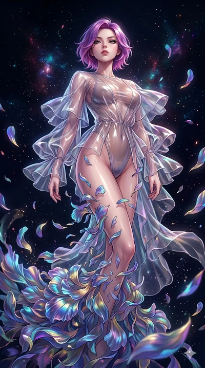 score_9, masterpiece, best quality, ultra-detailed, High-budget Anime Keyframe, East Asian woman. Low angle cowboy shot filling the entire 9:16 frame with her statuesque presence. Scenario 81: Dissolving into a cloud of iridescent silk petals in a vo