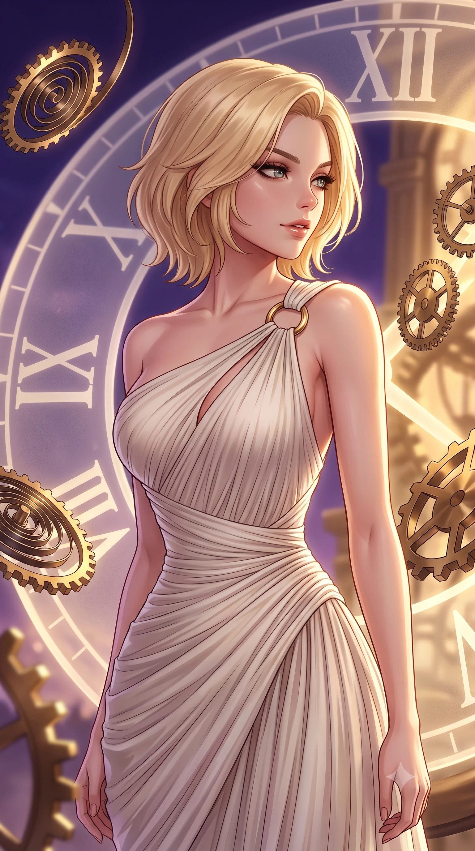 score_9, masterpiece, best quality, ultra-detailed, high-budget anime keyframe, editorial fashion photography, tasteful artistic composition, Caucasian woman. close-up cowboy shot from the waist and thighs up, the character dominates the composition, filling the frame with her large presence, background elements kept in soft focus. Glancing sidelong over her shoulder with a smoldering half-smile and heavy lashes standing atop a giant translucent Roman numeral clock dial in a high tower, floating brass gears and clocksprings casting intricate metallic reflections. She has an exceptionally elegant, slender, and willowy female figure with an ultra-slim waist, a gracefully sculpted slender torso, and a refined silhouette. sharp v-shaped jawline, high-bridge nose, intricate jewel-like eyes with depth, thick eyelashes, glossy lips with a natural sheen. wearing an elegant Grecian draped chiffon gown with an asymmetrical shoulder strap and ring detail, the form-contouring material highlighting her ultra-slim waist and long lines. lit by a contrast of deep violet sky and radiant golden mechanical light. highly saturated vibrant anime colors, detailed shading with soft gradients, rich glossy textures, high-contrast stereoscopic depth, volumetric dynamic lighting, master piece, 9:16 ratio