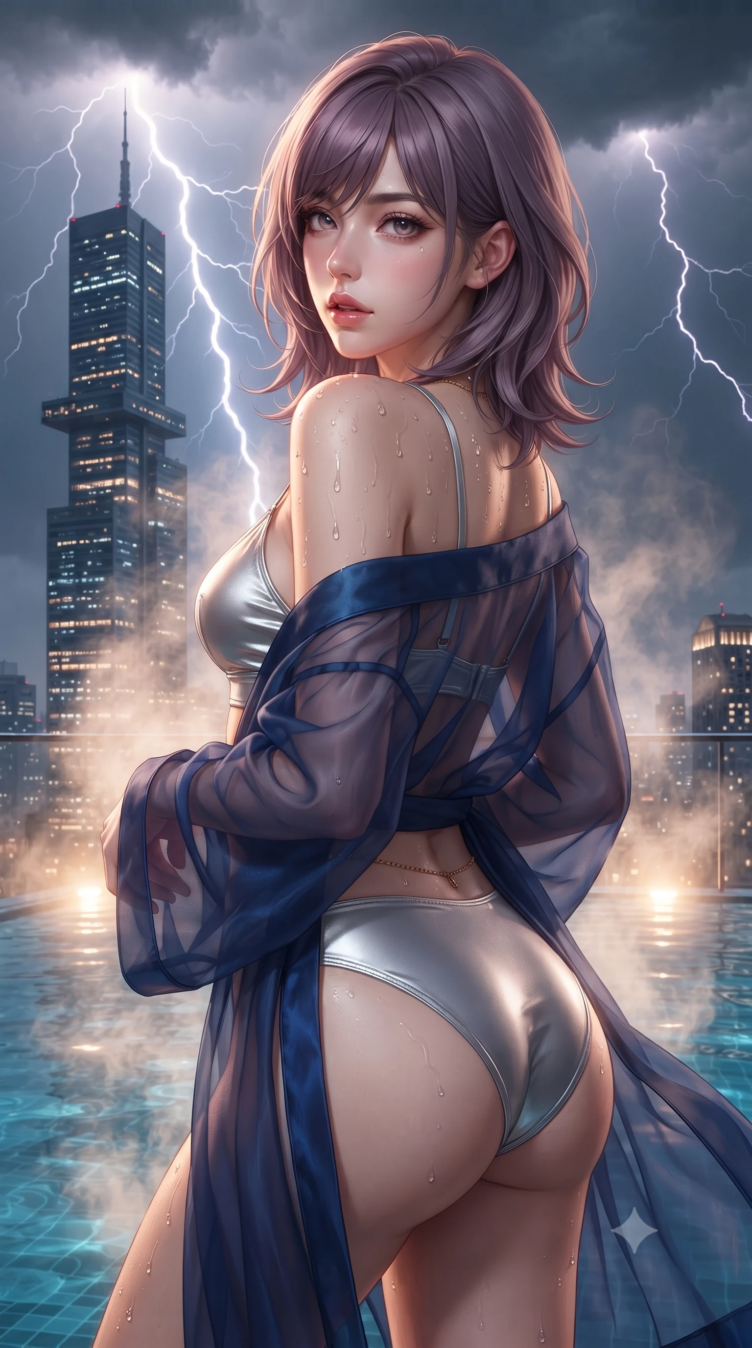 score_9, masterpiece, best quality, ultra-detailed, high-budget anime keyframe, editorial fashion photography, tasteful artistic composition, Japanese woman. close-up cowboy shot from the waist and thighs up, the character dominates the composition, filling the frame with her large presence. posing in an alluring rear three-quarter angle, looking over a bare shoulder with parted glossy lips, her hips cocked back to highlight her slim hourglass curve while twisting her slender torso in an alluring S-curve, warm mineral steam swirling around her bare shoulders, flat midriff, and hips as lightning flashes. The surrounding environment is rendered in vivid detail and crisp panoramic clarity: detailed wet-look high-cut monokini cling, gold waist chain shine, and mega-skyscraper cantilever engineering in high resolution. She has an exceptionally elegant, slender, and willowy female figure with an ultra-slim waist, flat toned midriff, narrow ribcage, and sculpted feminine hips creating an alluring, slim hourglass silhouette without bulk. sharp v-shaped jawline, high-bridge nose, sparkling eyes with hypnotic seductive depth, thick curled eyelashes, glossy parted lips with a natural dewy peach sheen, alluring bedroom-eyes with an enchanting coquettish smile, exuding magnetic siren charisma and sophisticated glamour, flawlessly proportioned anatomical accuracy, strict slender model proportions, natural body alignment, perfectly sculpted long slender limbs, ultra-slim waistline, clean dynamic posture without body distortion. wearing a sheer organza kimono robe worn loose and slipping off bare shoulders over a matching satin bralette and high-waisted briefs in molten liquid silver and deep sapphire navy, tailored from fine structural neoprene with crisp architectural edges and smooth contouring, finished with glistening drops of pool water beading across her sculpted shoulders and collarbones, the precision-cut side openings and low-back scoop framing her graceful spine and the sensual sweep of her slim, toned hips. bathed in warm underwater thermal tub illumination paired with sudden lightning flash strobes from the storm. ultra-reflective glossy finish, specular highlights, rich textural contrasts, high-contrast stereoscopic depth, volumetric dynamic lighting, 2k, ultra detail, master piece, 9:16 ratio