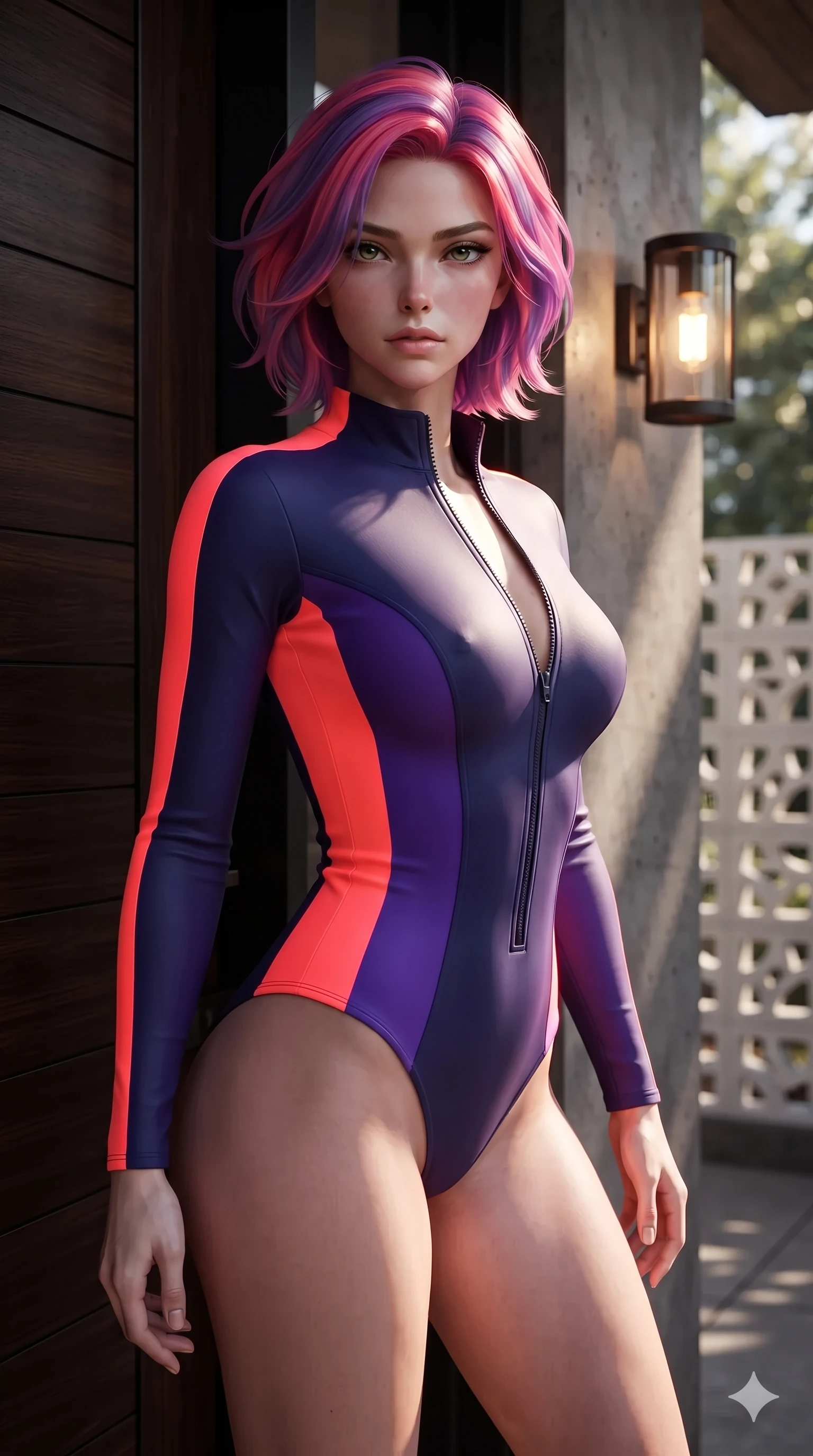 score_9, masterpiece, best quality, ultra-detailed, high-budget anime keyframe, editorial fashion photography, tasteful artistic composition, Caucasian woman. close-up cowboy shot from the waist and thighs up, the character dominates the composition, filling the frame with her large presence. twisting her slender torso in a deep contrapposto stance, hips dramatically shifted to accentuate her feminine curves while looking past her shoulder with smoldering bedroom-eyes while twisting her slender torso in an alluring S-curve between room doors and exterior sconces, warm incandescent light tracing her flat midriff and hips. The background shows a soft-focus geometric white breeze blocks, retro room door numbers with glowing amber sconces, and distant purple desert mountains blurred into turquoise, amber, and slate bokeh. She has an exceptionally elegant, slender, and willowy female figure with an ultra-slim waist, flat toned midriff, narrow ribcage, and sculpted feminine hips creating an alluring, slim hourglass silhouette without bulk. sharp v-shaped jawline, high-bridge nose, sparkling eyes with hypnotic seductive depth, thick curled eyelashes, glossy parted lips with a natural dewy peach sheen, alluring bedroom-eyes with an enchanting coquettish smile, exuding magnetic siren charisma and sophisticated glamour, flawlessly proportioned anatomical accuracy, strict slender model proportions, natural body alignment, perfectly sculpted long slender limbs, ultra-slim waistline, clean dynamic posture without body distortion. wearing a form-contouring wet-look neoprene zip-front surfing bodysuit with high-cut leg openings and racing side stripes in blazing neon coral and desert twilight violet, woven from stretch metallic lurex jersey casting radiant starlight glints across her silhouette, finished with sleek heavy-duty brass zip pulls and buckled moto straps, the liquid-tight tailored fabric clinging flawlessly to her narrow waist and rounded feminine hips, emphasizing every millimeter of her sculpted slim hourglass curves without any bulky heaviness. bathed in the moody, nostalgic contrast of warm amber door lights and ambient cool twilight neon filtering from the courtyard. ultra-reflective glossy finish, specular highlights, rich textural contrasts, high-contrast stereoscopic depth, volumetric dynamic lighting, 2k, ultra detail, master piece, 9:16 ratio