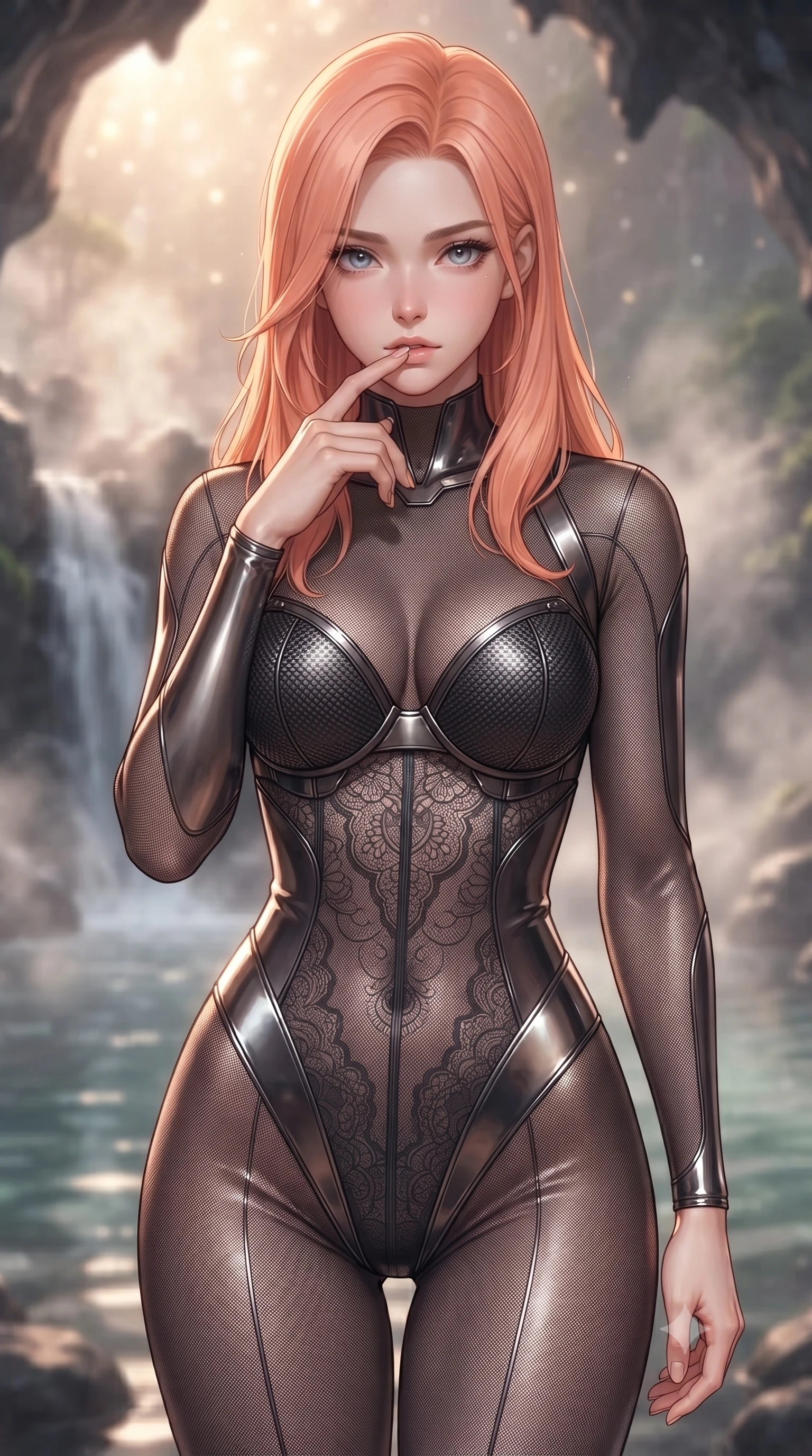 score_9, masterpiece, best quality, ultra-detailed, high-budget anime keyframe, editorial fashion photography, tasteful artistic composition, Japanese woman. close-up cowboy shot from the waist and thighs up, the character dominates the composition, filling the frame with her large presence, background elements kept in soft focus. pressing one finger to her bottom lip in a thoughtful, composed gesture, locking eyes with the viewer, the background shows a soft-focus a waterfall hot spring inside a volcanic glass cavern with mineral steam. She has an exceptionally elegant, slender, and willowy female figure with an ultra-slim waist, a gracefully sculpted slender torso, and a refined silhouette. sharp v-shaped jawline, high-bridge nose, intricate jewel-like eyes with depth, thick eyelashes, glossy lips with a natural sheen. wearing a form-contouring semi-opaque dark mesh catsuit with carbon-plated cups and fine lace-pattern panels across her torso. soft morning mist diffusing the warm starlight, creating a tranquil atmosphere. ultra-reflective glossy finish, specular highlights, metallic sheen, high-contrast stereoscopic depth, volumetric dynamic lighting, 2k, ultra detail, master piece, 9:16 ratio