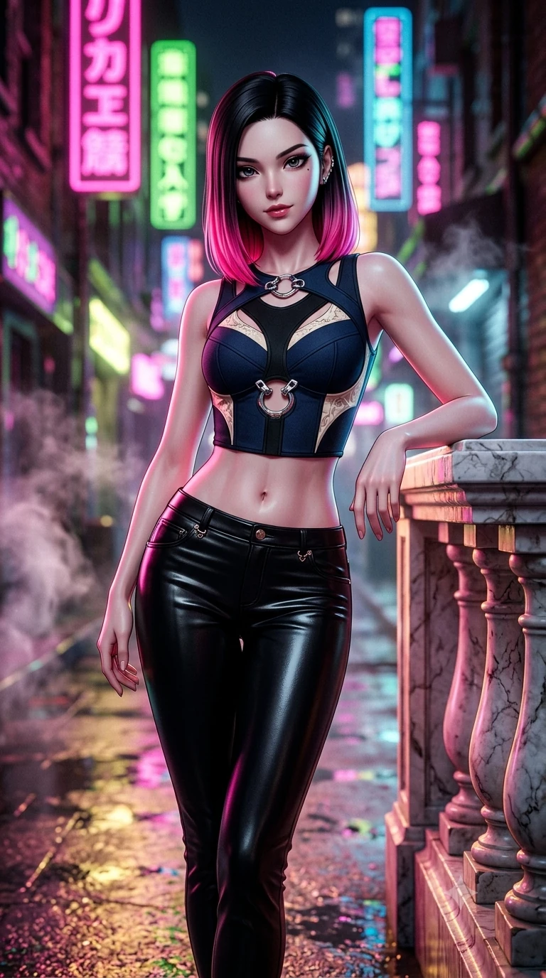 score_9, masterpiece, best quality, ultra-detailed, high-budget anime keyframe, semi-realistic 3D game render, editorial fashion photography, tasteful artistic composition, Korean woman. close-up cowboy shot from the waist and thighs up, the character dominates the composition, filling the frame with her large presence. resting one elbow on the marble balustrade while arching her spine with dancer poise, her dark bedroom-eyes casting a magnetic sidelong glance while stepping forward out of the misty alley shadows with hypnotic poise, hips swaying in an alluring supermodel rhythm. The background shows a soft-focus dense vertical neon signs in hot pink, lime green, and electric blue, rising steam plumes, and wet asphalt blurred into neon candy bokeh. She has an exceptionally elegant, slender, and willowy female figure with an ultra-slim waist, flat toned midriff, narrow ribcage, and sculpted feminine hips creating an alluring, slim hourglass silhouette without bulk. sharp v-shaped jawline, high-bridge nose, intricate jewel-like dark sparkling eyes with dangerous depth, thick curled eyelashes, glossy parted lips with a rich wine sheen, smoldering seductive half-smile with bedroom-eyes, exuding effortless superiority and intoxicating dark allure, flawlessly proportioned anatomical accuracy, strict slender model proportions, natural body alignment, perfectly sculpted long slender limbs, ultra-slim waistline, clean dynamic posture without body distortion. wearing a cropped structured bodice top paired with ultra-fitted high-waisted leather trousers tracing her hips in celestial champagne ivory and high-gloss jet black, tailored from fine lightweight midnight wool crepe with crisp architectural structure, accented with sculptural chrome hardware rings framing the subtle cutouts, the form-fitting cut adhering flawlessly to her sculpted flat midriff and slender torso, emphasizing her long leg lines and perfectly proportioned willowy build. illuminated by steam-lit ground bounce and sharp fuchsia-cyan rim lights defining her razor-sharp jawline, narrow waist, and curvy hips. highly saturated vibrant anime colors, detailed shading with soft gradients, rich glossy textures, high-contrast stereoscopic depth, volumetric dynamic lighting, master piece, 9:16 ratio