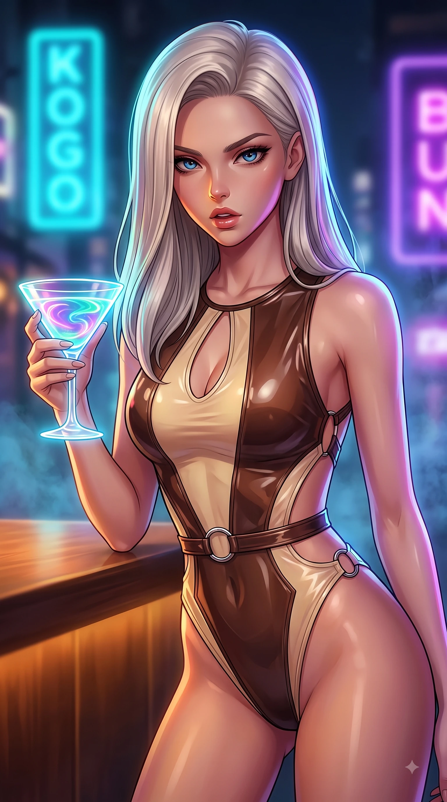 score_9, masterpiece, best quality, ultra-detailed, high-budget anime keyframe, editorial fashion photography, tasteful artistic composition, Caucasian woman. close-up cowboy shot from the waist and thighs up, the character dominates the composition, filling the frame with her large presence, background elements kept in soft focus. Leaning forward gracefully with lips parted, casting a smoldering magnetic gaze directly into the lens while holding a glowing translucent cocktail glass under vibrant cyan and purple neon signs at night, soft urban mist scattering vibrant magenta and cyan neon rim light around her silhouette. She has an exceptionally elegant, slender, and willowy female figure with an ultra-slim waist, a gracefully sculpted slender torso, and a refined silhouette. sharp v-shaped jawline, high-bridge nose, intricate jewel-like eyes with depth, thick eyelashes, glossy lips with a natural sheen, flawlessly proportioned anatomical accuracy, natural body alignment, perfectly sculpted elegant limbs, clean dynamic posture without body distortion. wearing a high-cut translucent vinyl leotard with front paneling and open back in espresso brown and warm cream, crafted from lustrous satin jersey with fluid draping, accented with delicate chrome ring hardware framing her waist, the glove-like fit emphasizing her statuesque silhouette during motion. illuminated by warm indoor bar amber light and cool rainy blue neon rim light. highly saturated vibrant anime colors, detailed shading with soft gradients, rich glossy textures, high-contrast stereoscopic depth, volumetric dynamic lighting, master piece, 9:16 ratio