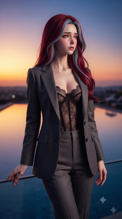 score_9, masterpiece, best quality, ultra-detailed, high-budget anime keyframe, editorial fashion photography, tasteful artistic composition, Caucasian woman, strictly human ears. close-up cowboy shot from the waist and thighs up, the character domin