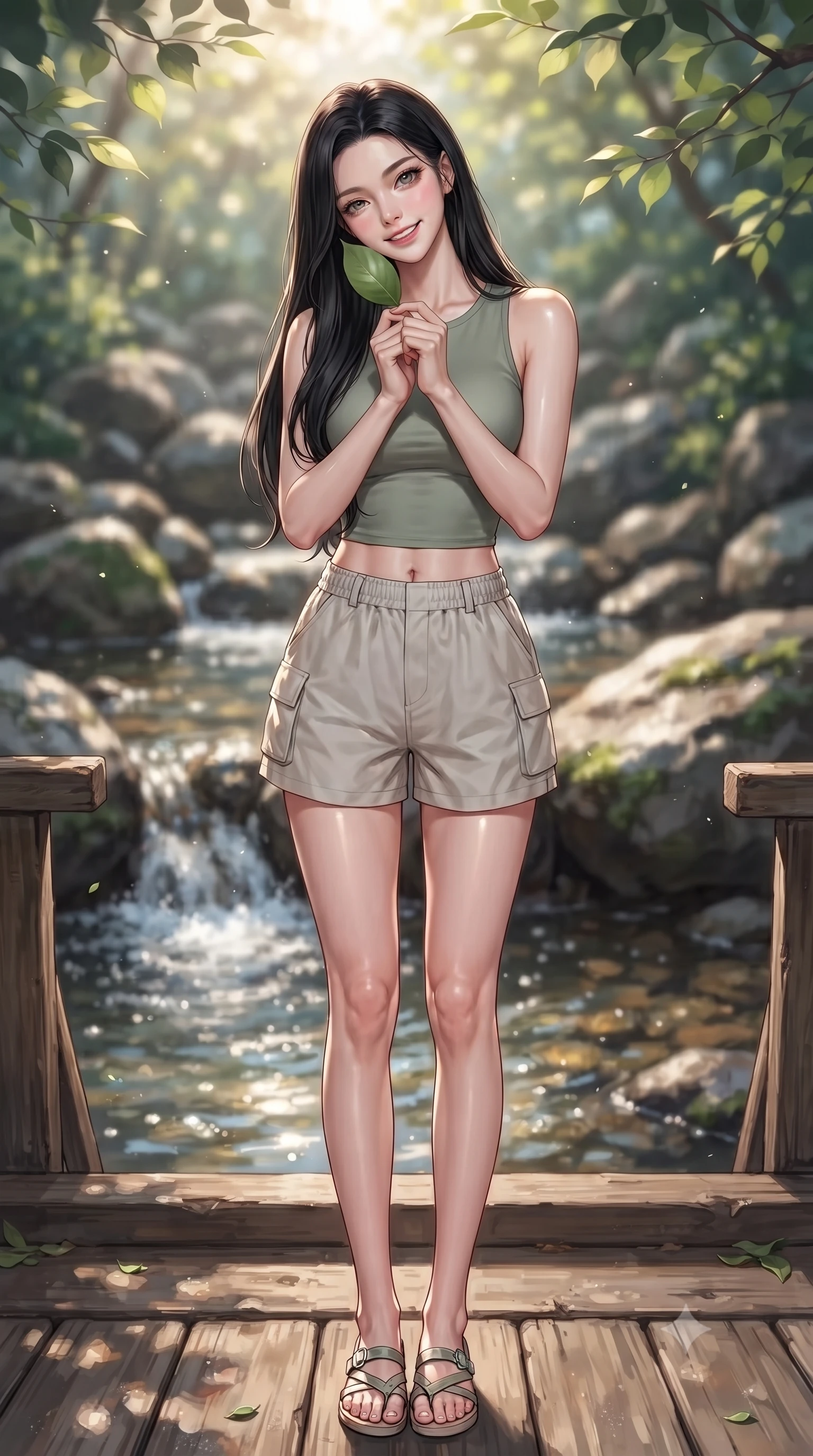 score_9, masterpiece, best quality, ultra-detailed, high-budget anime keyframe, editorial fashion photography, tasteful artistic composition, Korean woman. low angle full-body shot from head to toe showing her feet, filling the entire 9:16 vertical frame with her statuesque presence, stretching her vertical silhouette. standing with a cute, bright pose, tilting her head with a beaming smile set against a soft-focus background of on a rustic wooden bridge crossing a shallow, bubbling valley stream holding a smooth green leaf with a happy, refreshed expression. She has an absolutely perfect, statuesque 8.5-heads proportion, an exceptionally tall and slender model-like female figure with impossibly long slender legs and an ultra-slim waist. sharp v-shaped jawline, high-bridge nose, intricate jewel-like eyes with depth, thick eyelashes, glossy lips with a natural sheen. wearing slim-fit stylish crop top in sage green, paired with lightweight cargo shorts. soft afternoon sunlight reflecting off the wet rocks and water pool. ultra-reflective glossy finish, specular highlights, metallic sheen, high-contrast stereoscopic depth, volumetric dynamic lighting, 2k, ultra detail, master piece, 9:16 ratio
