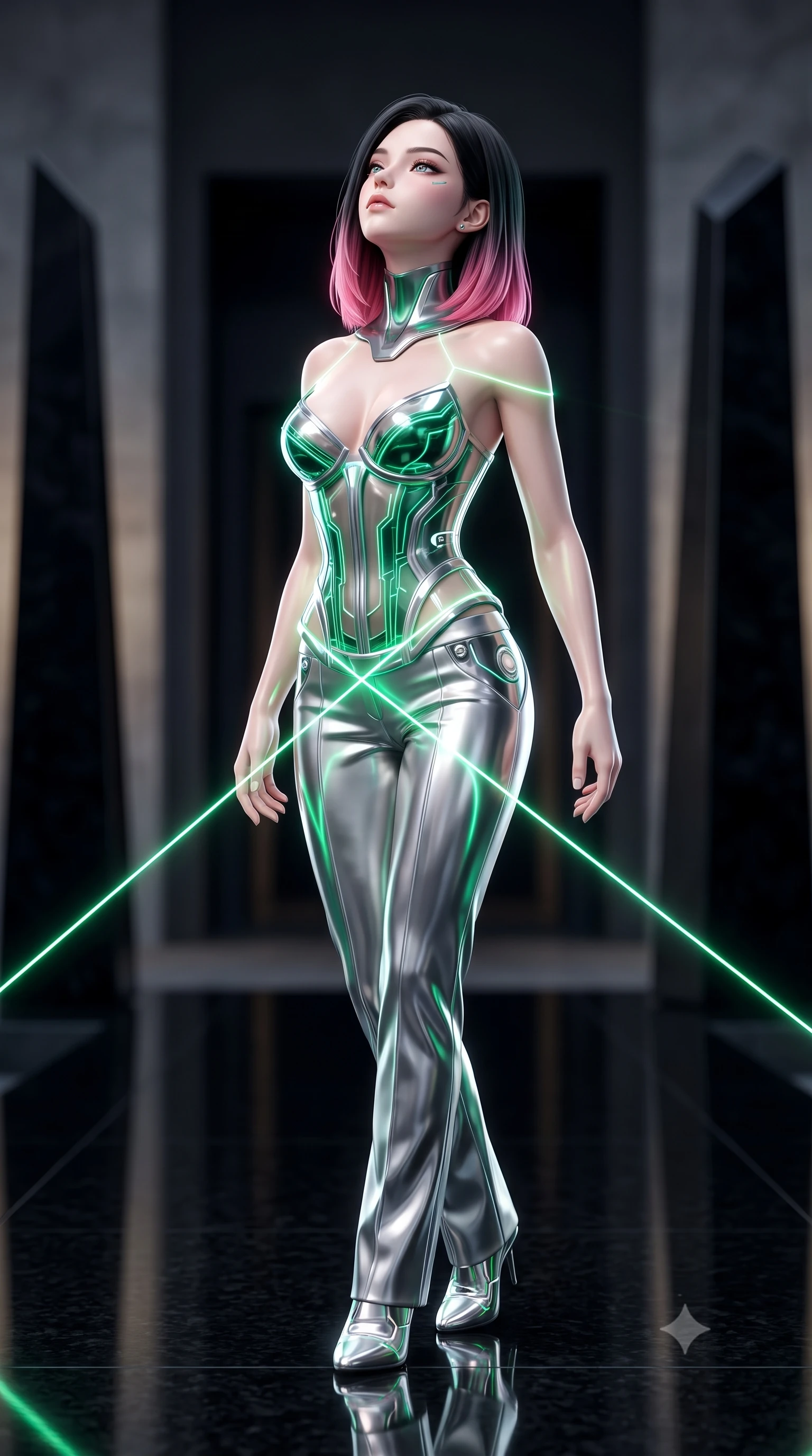 score_9, masterpiece, best quality, ultra-detailed, high-budget anime keyframe, semi-realistic 3D game render, editorial fashion photography, tasteful artistic composition, Korean woman. close-up cowboy shot from the waist and thighs up, the character dominates the composition, filling the frame with her large presence. tilting her head back with serene regal elegance, her sharp jawline and sculpted collarbones highlighted by glowing neon halo reflections while pivoting dynamically on a reflective black granite floor as criss-crossing neon laser lines trace her statuesque contour. The composition keeps background elements in soft focus with creamy bokeh. towering obsidian monoliths and dark architectural recesses softened in moody shallow focus. She has an exceptionally elegant, slender, and willowy female figure with an ultra-slim waist, a gracefully sculpted slender torso, toned flat midriff, and a refined slim silhouette. sharp v-shaped jawline, high-bridge nose, intricate jewel-like eyes with depth, thick eyelashes, glossy lips with a natural sheen, flawlessly proportioned anatomical accuracy, strict slender model proportions, natural body alignment, perfectly sculpted long slender limbs, ultra-slim waistline, clean dynamic posture without body distortion. wearing a structured translucent cyber-corset paired with tailored high-fashion satin trousers that sharply cinch her ultra-slim waist in radiant emerald green circuit lines and polished silver sheen, crafted from ultra-reflective second-skin liquid metal with a mirror-like polish, featuring a sleek aerodynamic collar framed by subtle glowing cybernetic accents, the glove-like aerodynamic second-skin fit tightly clinging to her ultra-slender waist and athletic curves without adding bulk, accentuating her razor-sharp statuesque lines and slim hourglass silhouette. illuminated by crisp directional key light with sharp specular highlights tracing her slender curves. rich saturated anime colors with glowing neon highlights, detailed shading with soft gradients, rich glossy textures, high-contrast stereoscopic depth, volumetric dynamic lighting, master piece, 9:16 ratio