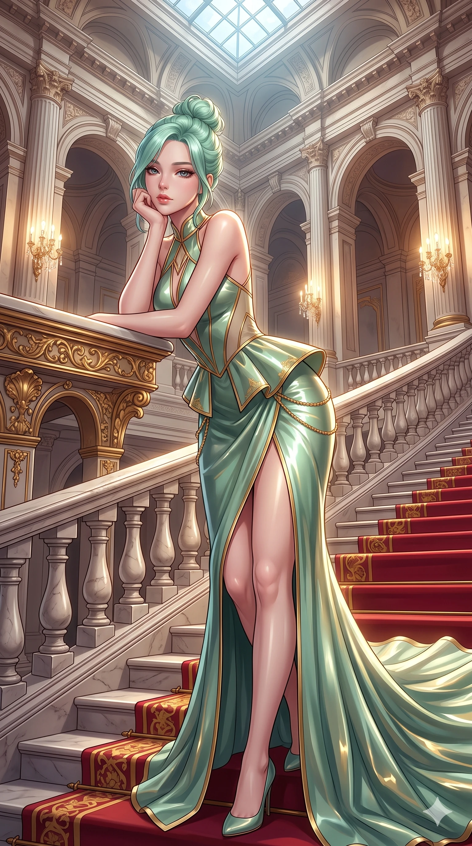 score_9, masterpiece, best quality, ultra-detailed, high-budget anime keyframe, semi-realistic 3D game render, editorial fashion photography, tasteful artistic composition, Japanese woman. close-up cowboy shot from the waist and thighs up, the character dominates the composition, filling the frame with her large presence. resting one elbow on the table and supporting her chin, leaning close to the camera with heavy-lidded sparkling eyes and parted lips while standing poised halfway down the sweeping grand staircase, arching her lower back with sovereign authority as her flowing silk train drapes along the steps. The surrounding environment is rendered in vivid detail and crisp panoramic clarity: intricate second-skin silk jersey tailoring, sheer side mesh panels, and monumental neoclassical architecture in razor-sharp clarity. She has an exceptionally elegant, slender, and willowy female figure with an ultra-slim waist, flat toned midriff, narrow ribcage, and sculpted feminine hips creating an alluring, slim hourglass silhouette without bulk. sharp v-shaped jawline, high-bridge nose, intricate jewel-like sparkling eyes with depth, thick eyelashes, glossy parted lips with a natural sheen, intensely captivating and seductive bedroom-eyes expression, exuding both youthful cute charm and sovereign luxury allure, flawlessly proportioned anatomical accuracy, strict slender model proportions, natural body alignment, perfectly sculpted long slender limbs, ultra-slim waistline, clean dynamic posture without body distortion. wearing a structural geometric peplum gown with sheer side-ribbon cutouts and form-fitting skirt in celadon jade and antique gold-leaf, tailored from high-gloss patent leather with mirror-like specular highlights, accented with a delicate gold chain belt resting loosely on her curvy hips, the high-slit wrap tailoring accentuating her ultra-slim waistline and the enchanting curve of her feminine hips with alluring seductive charm. bathed in the warm luminous glow of crystal wall sconces and grand overhead skylights filtering soft diffuse daylight. highly saturated vibrant anime colors, detailed shading with soft gradients, rich glossy textures, high-contrast stereoscopic depth, volumetric dynamic lighting, master piece, 9:16 ratio