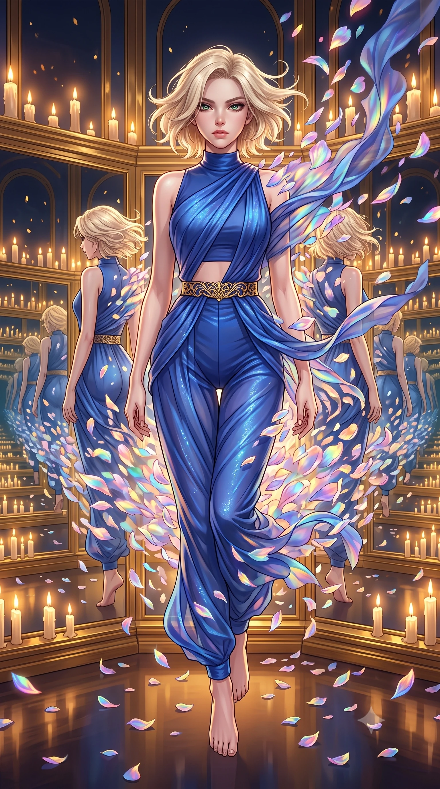 score_9, masterpiece, best quality, ultra-detailed, High-budget Anime Keyframe, Caucasian woman, strictly human ears. Dynamic full-body shot stretching the vertical silhouette to the limit. Scenario 421: dissolving into a cloud of iridescent silk petals inside a hall of mirrors reflecting infinite silhouettes in warm candlelight. Her presence is magnetic and overpowering in this high-budget anime scene. Outfit 421: a tailored cobalt blue shimmering chiffon jumpsuit worn over an opaque crop top and high-waisted shorts. The clothing is designed to emphasize her exceptionally tall and slender 8-heads proportion. 8-heads proportion, towering silhouette, ultra-slim waist. sharp v-shaped jawline, intricate jewel-like eyes with depth, thick eyelashes, glossy lips. 2k, ultra detail, master piece, 9:16 ratio