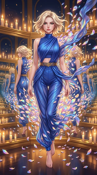 score_9, masterpiece, best quality, ultra-detailed, High-budget Anime Keyframe, Caucasian woman, strictly human ears. Dynamic full-body shot stretching the vertical silhouette to the limit. Scenario 421: dissolving into a cloud of iridescent silk pet