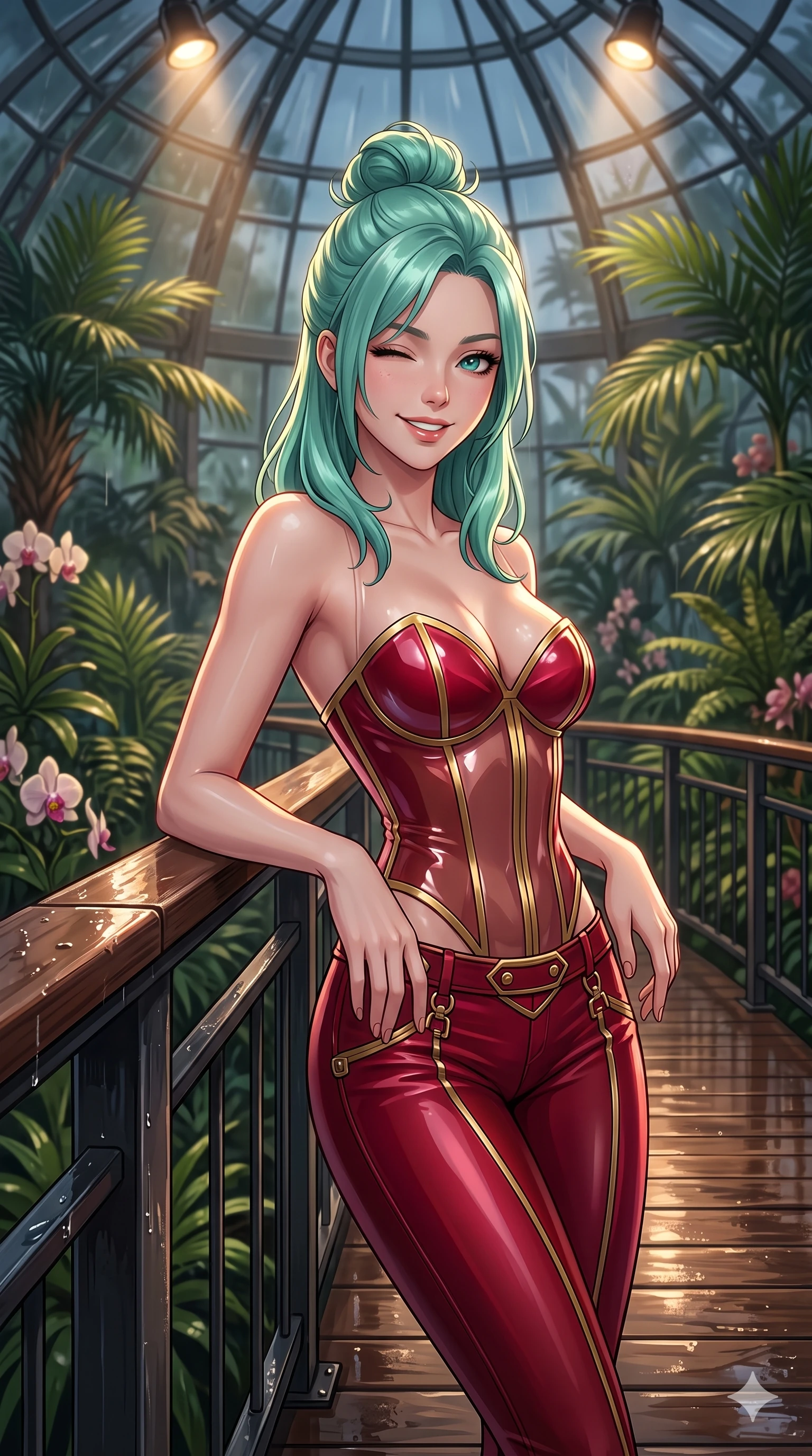 score_9, masterpiece, best quality, ultra-detailed, high-budget anime keyframe, vibrant anime aesthetic, Japanese woman. close-up cowboy shot from the waist and thighs up, the character dominates the composition, filling the frame with her large presence, background elements kept in soft focus. She is leaning back on a wet, rain-slicked railing, winking and smiling delightfully, with a bright, joyful gaze with a relaxed and elegant posture. the background shows a soft-focus wooden boardwalk winding through a botanical garden greenhouse filled with exotic palms, under a glass dome (Code-P22-133). She has an absolutely perfect proportion, an exceptionally elegant and slender female figure with an ultra-slim waist. V-shaped jawline, high-bridge nose, intricate jewel-like eyes with depth, thick eyelashes, glossy lips with a natural sheen. wearing a translucent gloss-finish structured bodice with a sweetheart neckline and sleek pants in ruby red and gold accents. She is illuminated by warm overhead spotlights inside the plant conservatory dome, casting soft shadows that enhance her features on the outdoor wooden terrace. 2k, ultra detail, master piece, 9:16 ratio