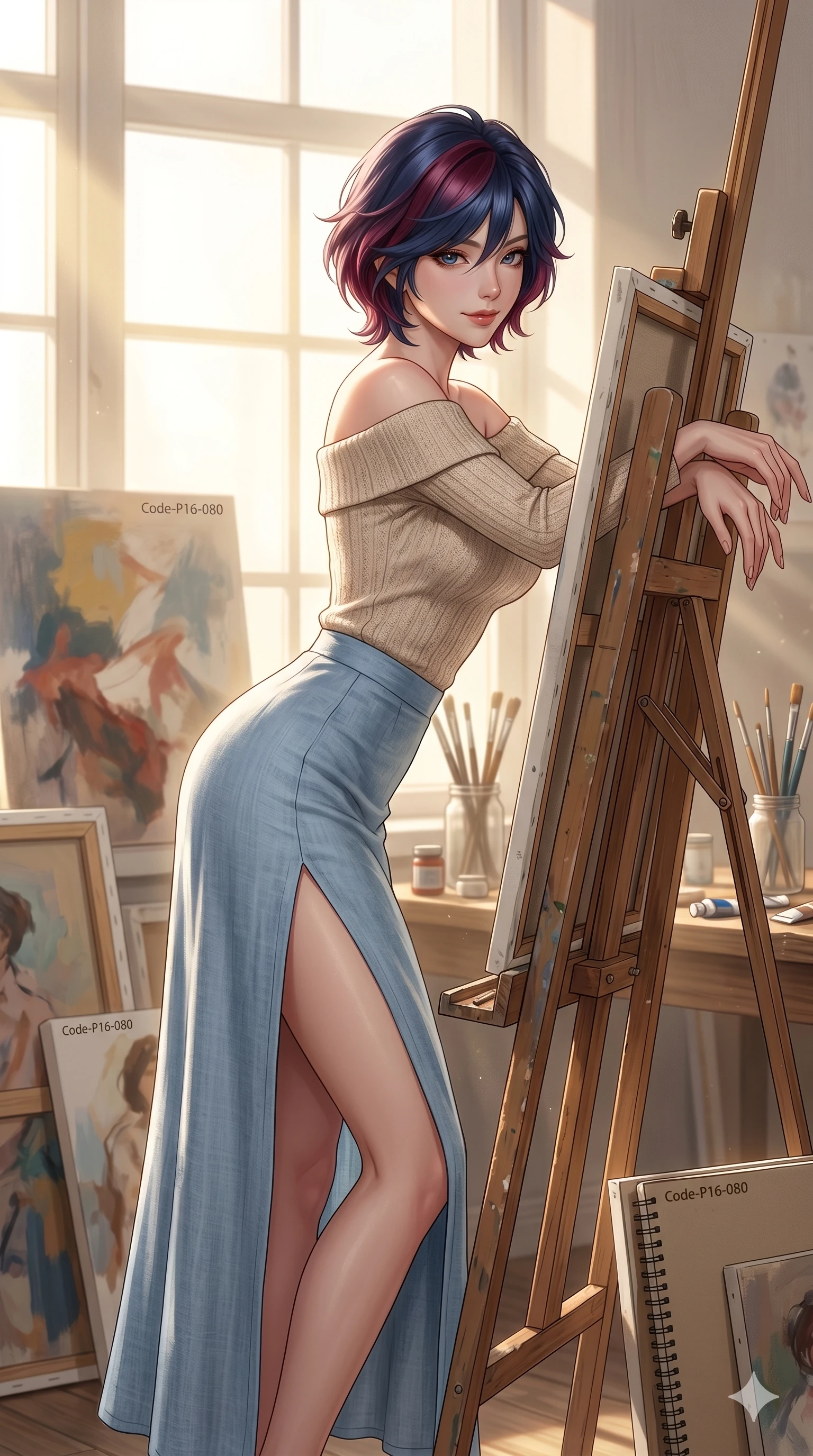 score_9, masterpiece, best quality, ultra-detailed, high-budget anime keyframe, editorial fashion photography, tasteful artistic composition, Korean woman. cowboy shot from the thighs up, character and outfit filling the frame for maximum editorial presence. leaning against an easel, looking over her shoulder with a magnetic, teasing half-smile inside a quiet, sun-washed art studio with oil canvases (Code-P16-080). She has an absolutely perfect 8-heads proportion, an exceptionally tall and slender female figure with impossibly long slender legs and an ultra-slim waist. V-shaped jawline, high-bridge nose, intricate jewel-like eyes with depth, thick eyelashes, glossy lips with a natural sheen. wearing a beige off-shoulder top showing her elegant clavicle, paired with a split linen skirt. drenched in soft morning sunbeams flowing from a high window, creating a serene mood. 2k, ultra detail, master piece, 9:16 ratio