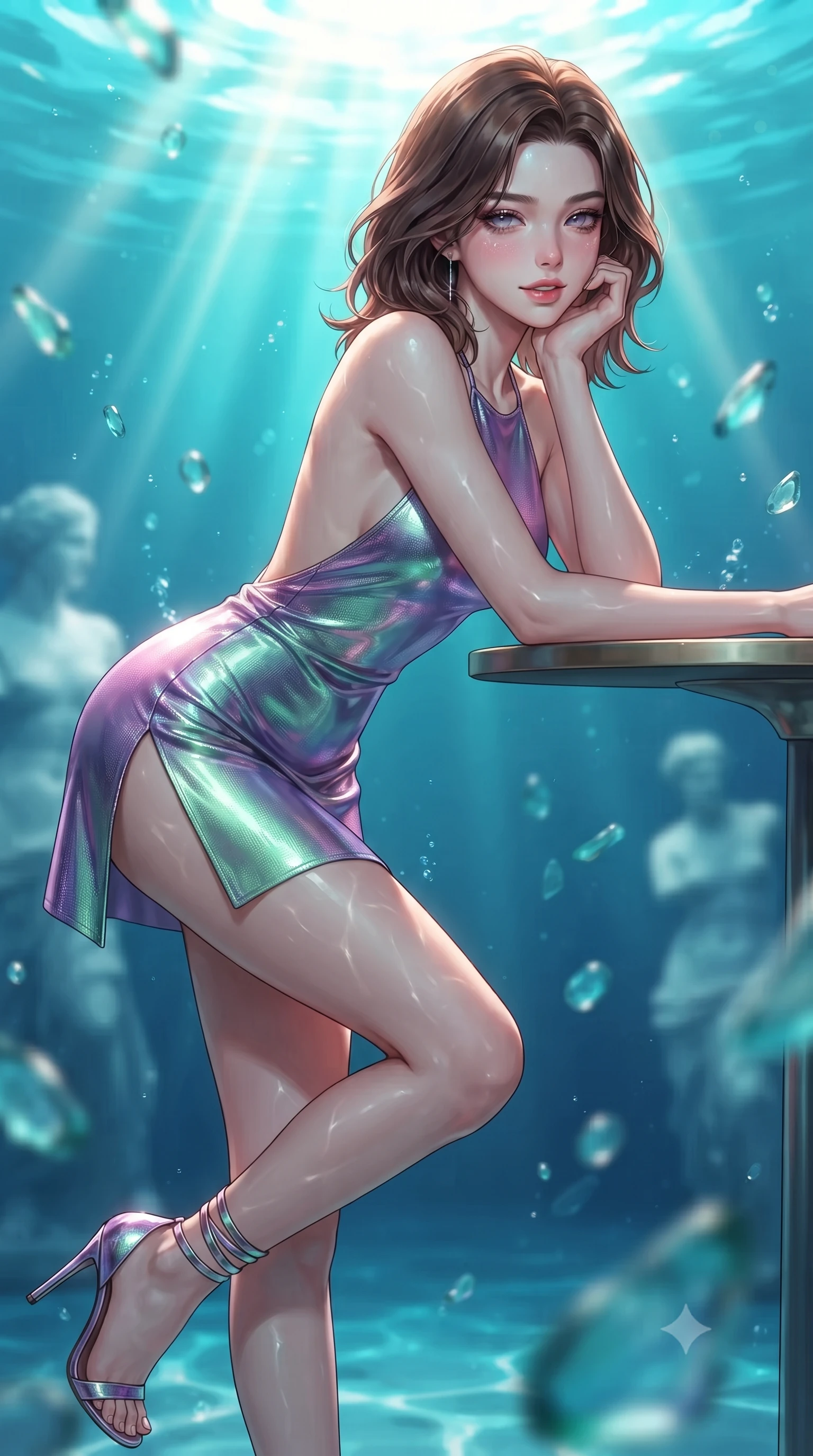 score_9, masterpiece, best quality, ultra-detailed, high-budget anime keyframe, editorial fashion photography, tasteful artistic composition, Korean woman. close-up cowboy shot from the waist and thighs up, the character dominates the composition, filling the frame with her large presence. resting one elbow on the table and supporting her chin, leaning close to the camera with heavy-lidded sparkling eyes and parted lips while twisting her slender torso in an alluring S-curve, dancing golden water caustics caressing her flat midriff and hourglass curves. The background shows a soft-focus brilliant volumetric sunbeams penetrating 20 meters of pristine turquoise water, drifting sea glass fragments, and submerged classical statues blurred into topaz, cyan, and pearl bokeh. She has an exceptionally elegant, slender, and willowy female figure with an ultra-slim waist, flat toned midriff, narrow ribcage, and sculpted feminine hips creating an alluring, slim hourglass silhouette without bulk. sharp v-shaped jawline, high-bridge nose, intricate jewel-like sparkling eyes with depth, thick eyelashes, glossy parted lips with a natural peach sheen, bright cheerful beaming smile with an enchanting and coquettish sensual glint, exuding both youthful cute charm and seductive allure, flawlessly proportioned anatomical accuracy, strict slender model proportions, natural body alignment, perfectly sculpted long slender limbs, ultra-slim waistline, clean dynamic posture without body distortion. wearing an alluring backless metallic lamé halterneck mini dress with deep scoop back down to her lower spine and thigh-high slit in phosphorescent ultraviolet amethyst and mint green, tailored from high-gloss patent leather with mirror-like specular highlights, complemented by strappy stiletto sandals with metallic ankle wraps accentuating her slender calves, the form-contouring silhouette accentuating her sculpted flat midriff, narrow delicate ribcage, and gracefully curvy hips with intoxicating allure. bathed in blinding warm golden midday sunbeams slicing through cool turquoise water. ultra-reflective glossy finish, specular highlights, rich textural contrasts, high-contrast stereoscopic depth, volumetric dynamic lighting, 2k, ultra detail, master piece, 9:16 ratio