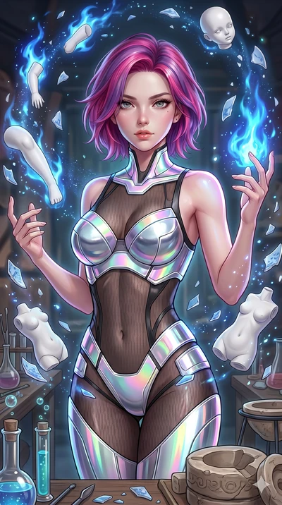 score_9, masterpiece, best quality, ultra-detailed, high-budget anime keyframe, Caucasian woman, strictly human ears. upper body close-up from the thighs up, character filling the screen for maximum presence. assisting in an alchemical porcelain work