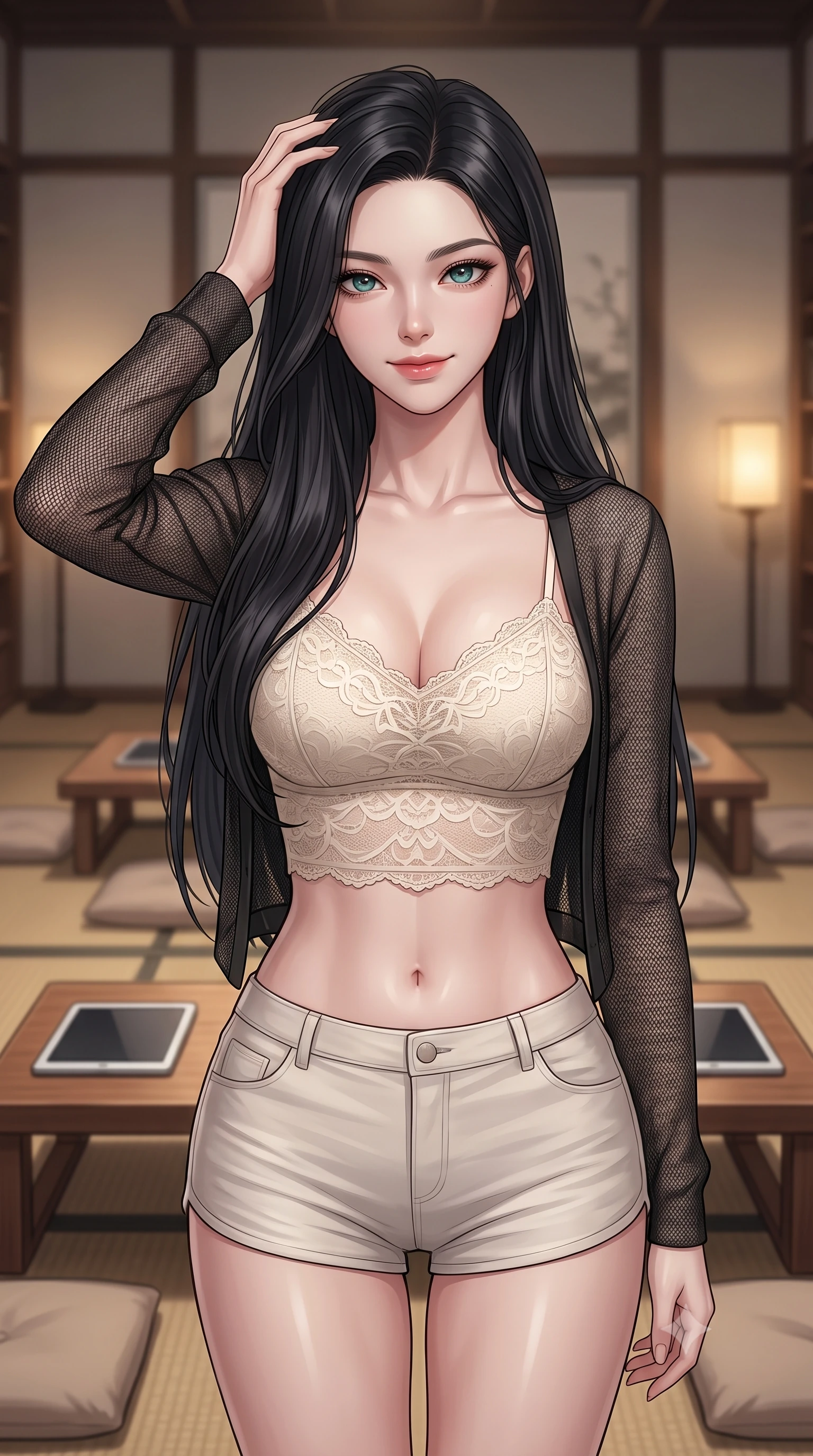 score_9, masterpiece, best quality, ultra-detailed, high-budget anime keyframe, editorial fashion photography, tasteful artistic composition, Korean woman. close-up cowboy shot from the waist and thighs up, the character dominates the composition, filling the frame with her large presence, background elements kept in soft focus. slowly running a hand through her hair, smiling with quiet, magnetic self-assurance directly into the camera, the background shows a soft-focus a tea pavilion library with low wooden tables, cushions, and tablets. She has an exceptionally elegant, slender, and willowy female figure with an ultra-slim waist, a gracefully sculpted slender torso, and a refined silhouette. sharp v-shaped jawline, high-bridge nose, intricate jewel-like eyes with depth, thick eyelashes, glossy lips with a natural sheen. wearing a tailored delicate lace crop top in cream, worn under a semi-opaque carbon-mesh cardigan and micro-shorts. soft warm reading lights creating a quiet, focused, and meditative mood. ultra-reflective glossy finish, specular highlights, metallic sheen, high-contrast stereoscopic depth, volumetric dynamic lighting, 2k, ultra detail, master piece, 9:16 ratio