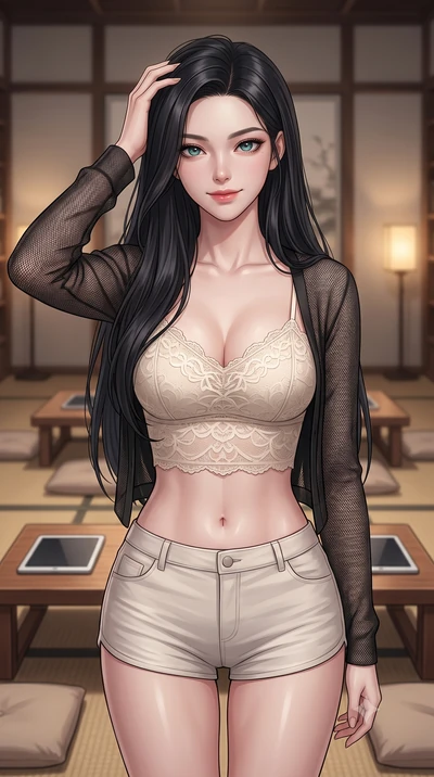 score_9, masterpiece, best quality, ultra-detailed, high-budget anime keyframe, editorial fashion photography, tasteful artistic composition, Korean woman. close-up cowboy shot from the waist and thighs up, the character dominates the composition, fi