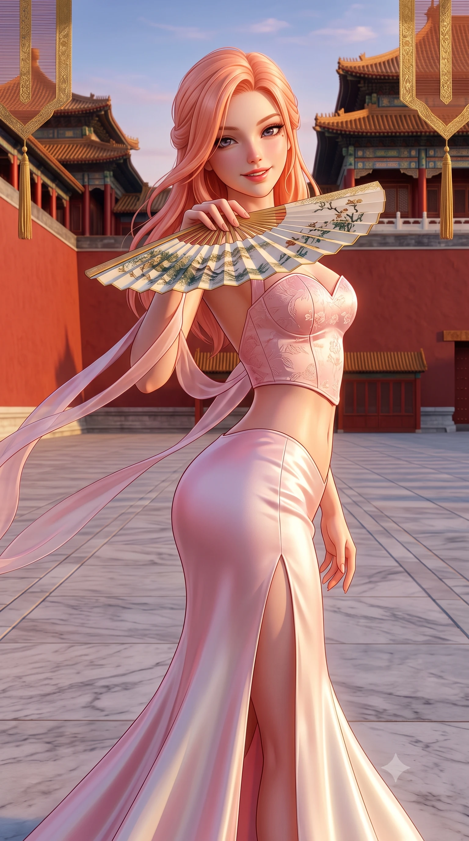 score_9, masterpiece, best quality, ultra-detailed, high-budget anime keyframe, semi-realistic 3D game render, editorial fashion photography, tasteful artistic composition, Japanese woman. close-up cowboy shot from the waist and thighs up, the character dominates the composition, filling the frame with her large presence. playfully unfurling a painted silk fan toward the lens, her radiant smile capturing fresh girlhood charm while her arched torso reveals an intoxicating hip contour while standing in the center of the vast marble courtyard before monumental red palace walls, arching her back with sovereign haute-couture majesty. The surrounding environment is rendered in vivid detail and crisp panoramic clarity: detailed gold-threaded silk gown sheen, jewelry gleam, and classical Chinese imperial architecture in high resolution. She has an exceptionally elegant, slender, and willowy female figure with an ultra-slim waist, flat toned midriff, narrow ribcage, and sculpted feminine hips creating an alluring, slim hourglass silhouette without bulk. sharp v-shaped jawline, high-bridge nose, intricate jewel-like dark sparkling almond eyes with depth, thick lashes, glossy parted lips with a natural rose-plum sheen, bright alluring and coquettish smile with bedroom-eyes, exuding both timeless oriental elegance and sovereign high-fashion allure, flawlessly proportioned anatomical accuracy, strict slender model proportions, natural body alignment, perfectly sculpted long slender limbs, ultra-slim waistline, clean dynamic posture without body distortion. wearing a sweetheart-neckline oriental jacquard bustier top paired with a curve-hugging high-slit mermaid maxi skirt in soft cherry blossom pink and pearlescent ivory, crafted from heavy fluid silk satin with a liquid mirror-like sheen, accented with flowing gossamer silk ribbons that flutter dynamically in the evening breeze, the precision-cut side hip slits and low-back scoop framing her graceful spine and the sensual sweep of her slim, toned hips. bathed in dramatic twilight golden hour light streaming horizontally across the vast marble plaza. highly saturated vibrant anime colors, detailed shading with soft gradients, rich glossy textures, high-contrast stereoscopic depth, volumetric dynamic lighting, master piece, 9:16 ratio
