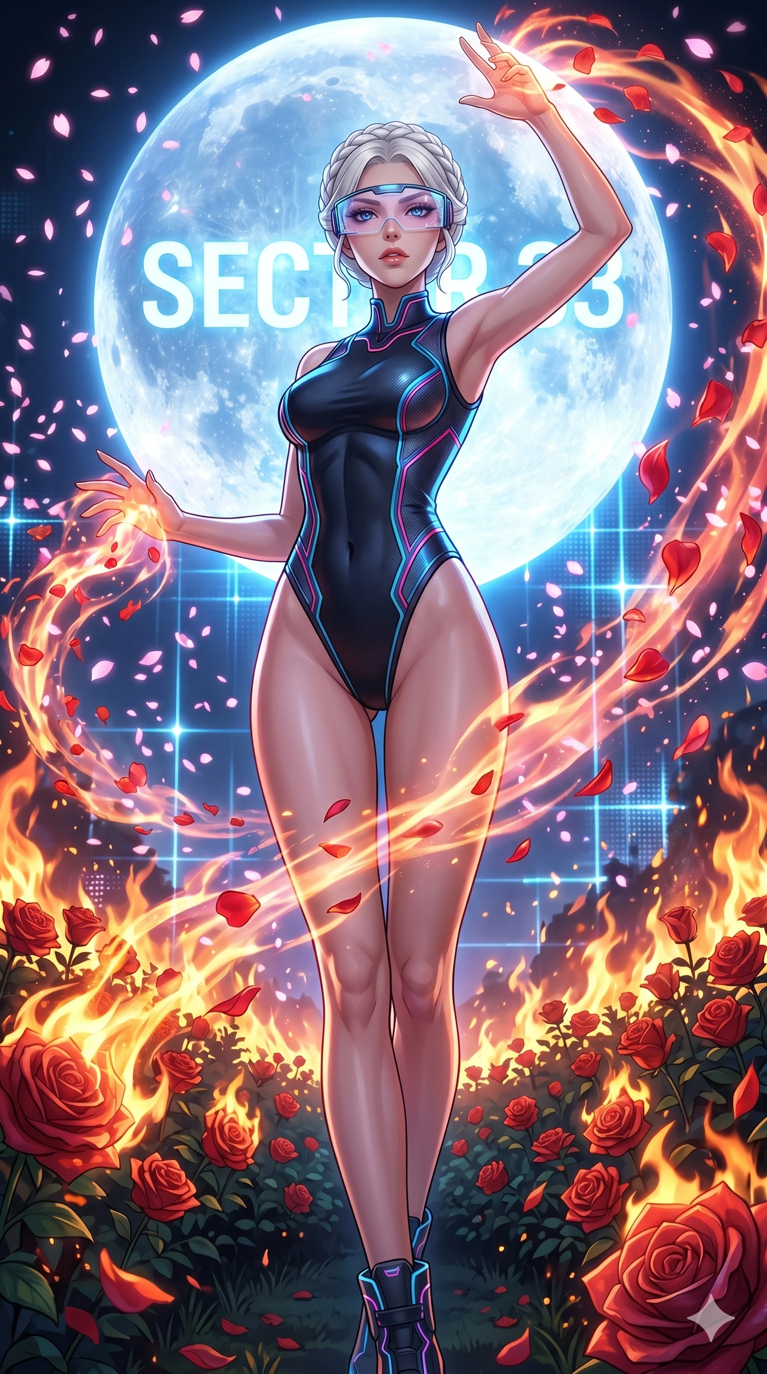 score_9, masterpiece, best quality, ultra-detailed, Set A: High-budget Anime Keyframe, Caucasian (strictly human ears) woman. Low angle cowboy shot filling the entire 9:16 frame with her statuesque presence. Casting a spell through a burning rose garden, with a massive holographic moon rising behind her marked as sector 33 and surrounded by digital sakura petals. She has an absolutely perfect 8-heads proportion, an exceptionally tall and slender female figure with impossibly long slender legs and an ultra-slim waist. Sharp v-shaped jawline, high-bridge nose, intricate jewel-like eyes with depth, thick eyelashes, glossy lips with a natural sheen. Wearing High-cut athletic leotard with glowing trim and a translucent visor accessory. Cinematic lighting, vibrant colors, dramatic shadows, 2k, ultra detail, master piece, 9:16 ratio