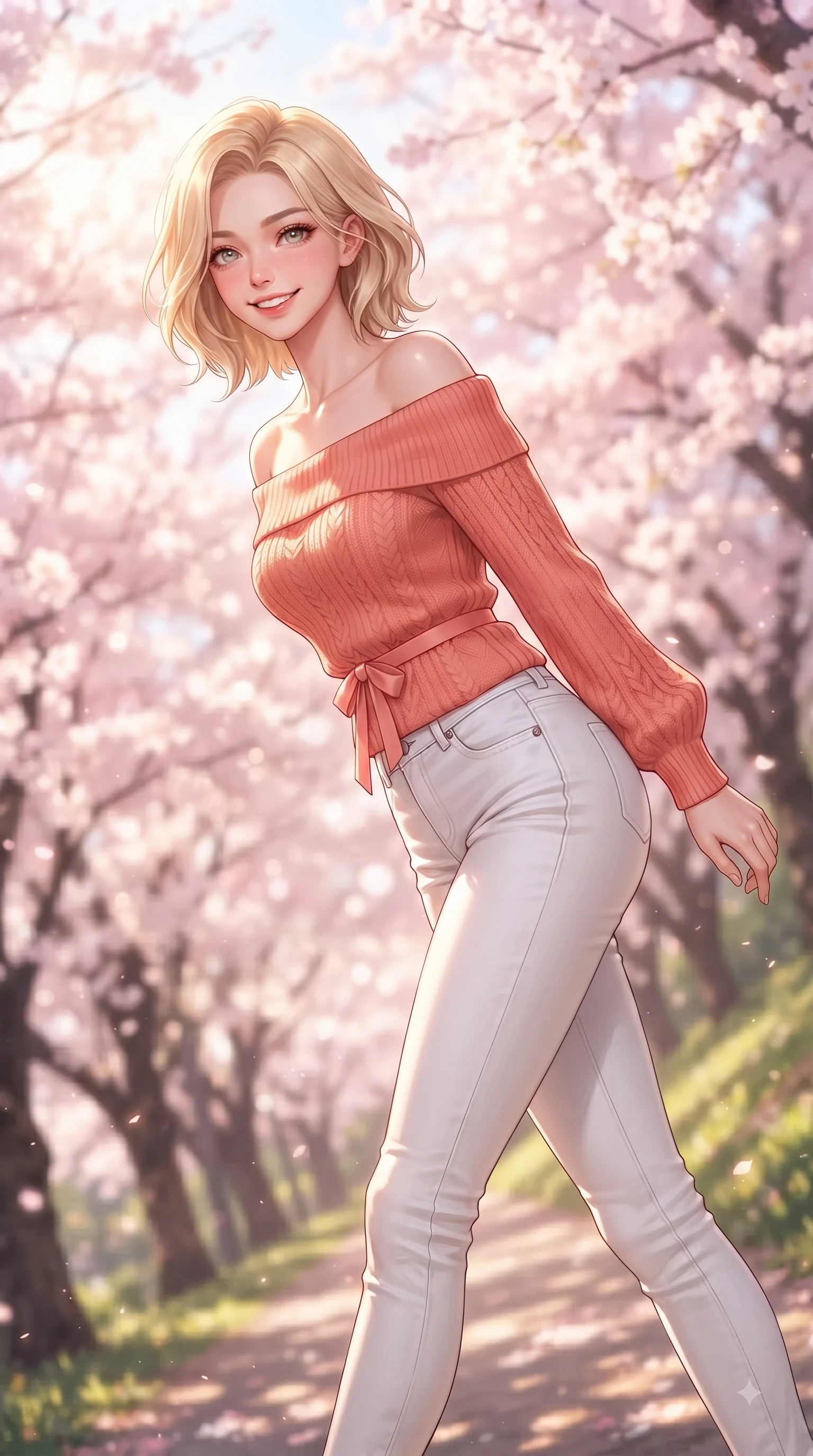 score_9, masterpiece, best quality, ultra-detailed, high-budget anime keyframe, editorial fashion photography, tasteful artistic composition, Caucasian woman. close-up cowboy shot from the waist and thighs up, the character dominates the composition, filling the frame with her large presence. Cheerful beaming smile with sparkling eyes and a fresh girlhood aura, leaning forward with playful grace while walking up a gentle hill path lined with blooming sakura cherry trees in full spring bloom. The composition keeps background elements in soft focus with dreamy bokeh. dense cherry blossom canopies blurring into a dreamy, glowing pink and white bokeh backdrop. She has an exceptionally elegant, slender, and willowy female figure with an ultra-slim waist, a gracefully sculpted slender torso, and a refined silhouette. sharp v-shaped jawline, high-bridge nose, intricate jewel-like eyes with depth, thick eyelashes, glossy lips with a natural sheen, flawlessly proportioned anatomical accuracy, natural body alignment, perfectly sculpted elegant limbs, clean dynamic posture without body distortion. wearing a stylish off-shoulder coral knit top with slim-fit white stretch denim pants in warm apricot and sage green, knitted from soft cozy cashmere yarn, accented with a dainty waist ribbon bow, the relaxed yet flattering fit accentuating her naturally graceful and slender figure. bathed in bright morning sunbeams and warm golden sakura backlighting. ultra-reflective glossy finish, specular highlights, metallic sheen, high-contrast stereoscopic depth, volumetric dynamic lighting, 2k, ultra detail, master piece, 9:16 ratio