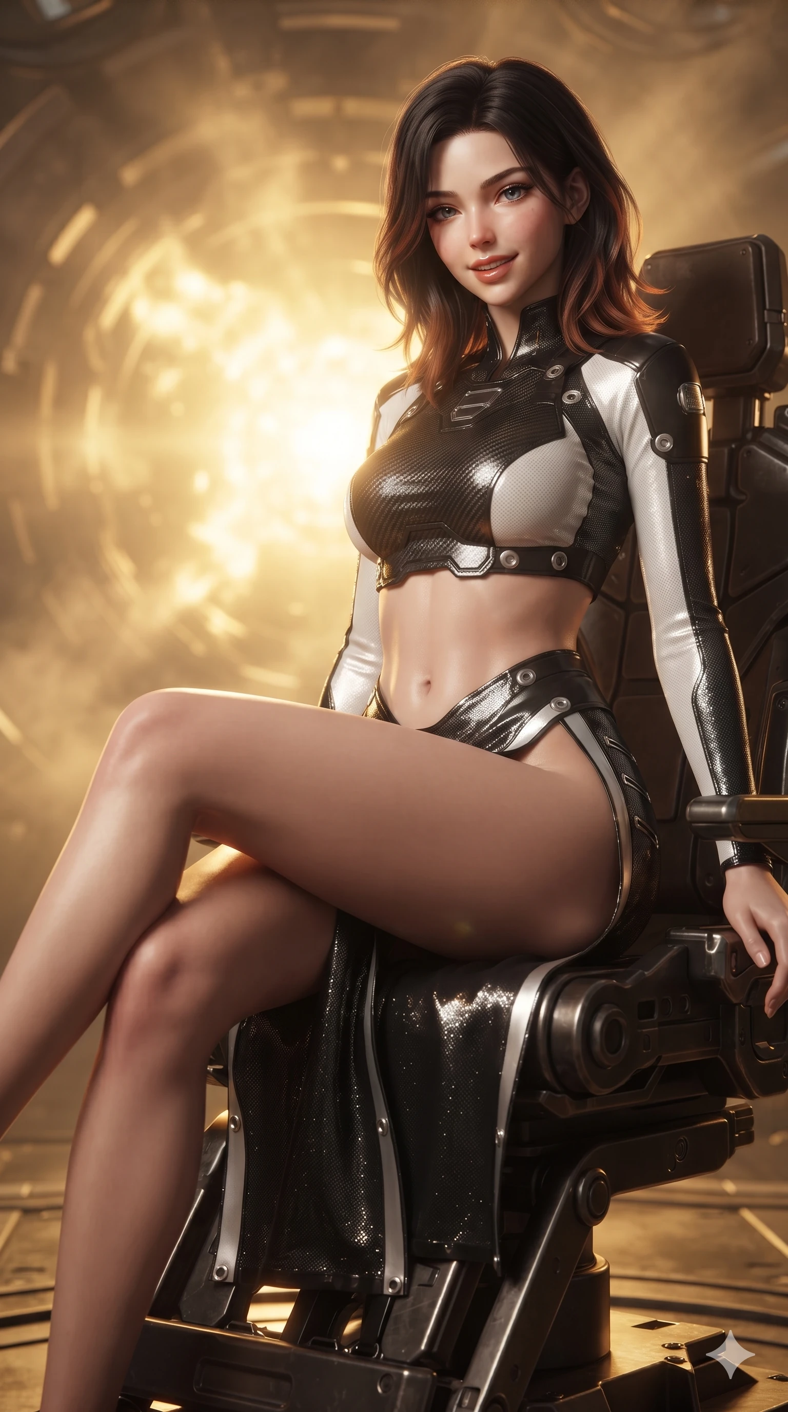 score_9, masterpiece, best quality, ultra-detailed, high-budget anime keyframe, editorial fashion photography, tasteful artistic composition, Korean woman. close-up cowboy shot from the waist and thighs up, the character dominates the composition, filling the frame with her large presence. perched sideways on the pilot seat, one knee drawn up to showcase her slender leg line while her arched back accentuates her feminine hip curve while perched gracefully on the reinforced equipment staging deck with legs crossed, flashing an enchanting smile with parted glossy lips. The background shows a soft-focus volcanic atmospheric particulate haze softened in reactor containment chamber shallow focus. She has an exceptionally elegant, slender, and willowy female figure with an ultra-slim waist, flat toned midriff, narrow ribcage, and sculpted feminine hips creating an alluring, slim hourglass silhouette without bulk. sharp v-shaped jawline, high-bridge nose, intricate jewel-like sparkling eyes with depth, thick eyelashes, glossy parted lips with a natural sheen, bright confident smile with an enchanting and coquettish sensual glint, exuding both youthful magnetic charm and sovereign high-tech allure, flawlessly proportioned anatomical accuracy, strict slender model proportions, natural body alignment, perfectly sculpted long slender limbs, ultra-slim waistline, clean dynamic posture without body distortion. wearing a cyber-samurai tactical suit featuring a shortened carbon chestplate and high-slit armored wrap skirt in dual-tone high-contrast monochrome black and stark white, crafted from stretch micro-mesh with liquid foil coating that shimmers with every movement, finished with sharp laser-cut side ventilation slits framed by silver hardware rings, the form-fitting tactical tailoring adhering flawlessly to her sculpted flat midriff and slender torso, emphasizing her long leg lines and perfectly proportioned willowy build. bathed in the blinding warm golden radiance of the magnetic fusion core with dynamic volumetric heat shimmers. ultra-reflective glossy finish, specular highlights, rich textural contrasts, high-contrast stereoscopic depth, volumetric dynamic lighting, 2k, ultra detail, master piece, 9:16 ratio