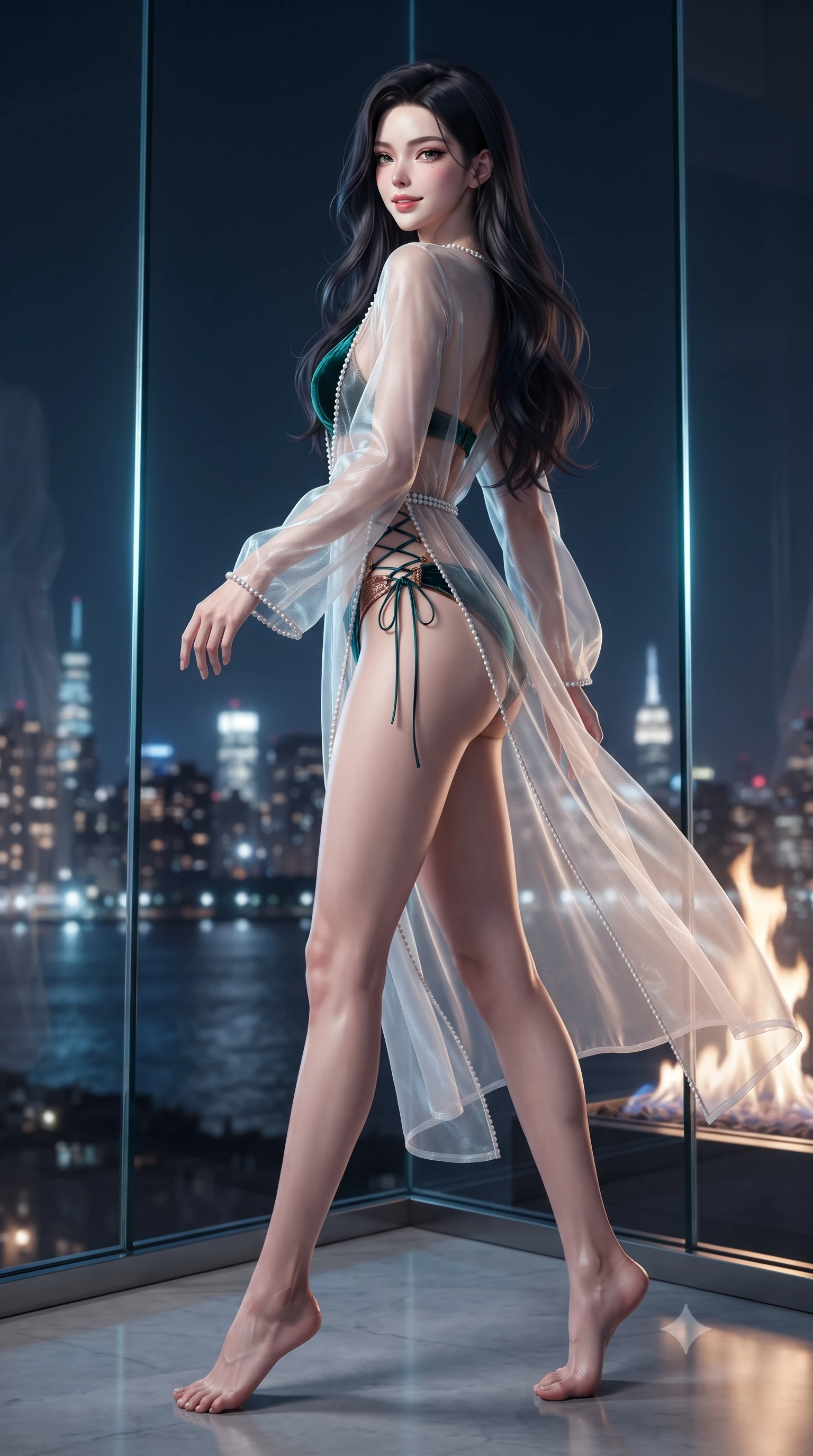 score_9, masterpiece, best quality, ultra-detailed, high-budget anime keyframe, editorial fashion photography, tasteful artistic composition, Korean woman. low angle full-body shot from head to toe showing her feet, filling the entire 9:16 vertical frame with her statuesque presence, stretching her vertical silhouette. walking along the terrace with poise, looking back over her bare shoulder with an irresistible smoldering bedroom-gaze while standing poised at the frameless glass corner suspended above the Hudson River, arching her back as midnight cruise ships and New Jersey skyline glitter below. The background shows a soft-focus minimalist ethanol flame ribbon softened in ultra-modern skyscraper aerie shallow focus. She has an exceptionally tall and slender model-like 8.5-heads proportion, an ultra-slim waist, a flat toned midriff, narrow delicate ribcage, and beautifully sculpted feminine hips creating a graceful, slim hourglass silhouette without any bulky heaviness, with impossibly long slender legs. sharp v-shaped jawline, high-bridge nose, intricate jewel-like sparkling eyes with depth, thick eyelashes, glossy parted lips with a natural peach sheen, bright cheerful beaming smile with an enchanting and coquettish sensual glint, exuding both youthful cute charm and seductive allure, flawlessly proportioned anatomical accuracy, strict slender model proportions, natural body alignment, perfectly sculpted long slender limbs, ultra-slim waistline, clean dynamic posture without body distortion. wearing a provocative plunge-front sheer mesh caftan with delicate pearl beading worn open over micro satin lingerie in deep emerald velvet and shimmering bronze, crafted from translucent silk organza with an ethereal crystalline sheen, featuring fine criss-cross lace-up side ties revealing tantalizing glimpses of her hip curve, the glove-like clinging cut tightly following the natural contour of her hips and long slender legs with youthful 8.5-heads elegance. illuminated by floor reflection bounce and sharp platinum-cyan rim lights sculpting her cheekbones, flat midriff, and curvaceous hips. ultra-reflective glossy finish, specular highlights, rich textural contrasts, high-contrast stereoscopic depth, volumetric dynamic lighting, 2k, ultra detail, master piece, 9:16 ratio