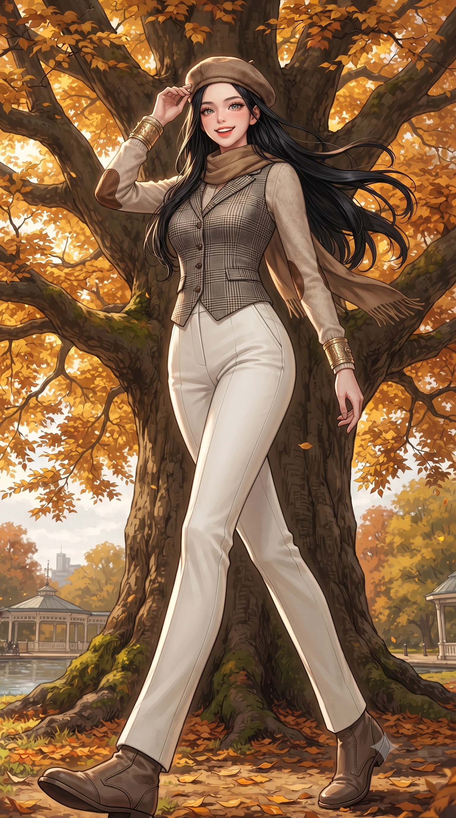 score_9, masterpiece, best quality, ultra-detailed, high-budget anime keyframe, editorial fashion photography, tasteful artistic composition, Korean woman. low angle full-body shot from head to toe showing her feet, filling the entire 9:16 vertical frame with her statuesque presence, stretching her vertical silhouette. stepping forward in a confident stride, her long slender legs and curvaceous hips creating a dynamic, sweeping vertical line while pausing beneath a monumental golden beech tree, one hand lightly holding her wool beret as an autumn breeze sweeps by. The surrounding environment is rendered in vivid detail and crisp panoramic clarity: detailed equestrian wool blazer tailoring, leather elbow patch textures, and natural royal park foliage in high resolution. She has an exceptionally tall and slender model-like 8.5-heads proportion, an ultra-slim waist, a flat toned midriff, narrow delicate ribcage, and beautifully sculpted feminine hips creating a graceful, slim hourglass silhouette without any bulky heaviness, with impossibly long slender legs. sharp v-shaped jawline, high-bridge nose, intricate jewel-like sparkling eyes with depth, thick eyelashes, glossy parted lips with a natural peach sheen, bright cheerful beaming smile with an enchanting and coquettish sensual glint, exuding both youthful cute charm and seductive allure, flawlessly proportioned anatomical accuracy, strict slender model proportions, natural body alignment, perfectly sculpted long slender limbs, ultra-slim waistline, clean dynamic posture without body distortion. wearing a sleek Prince of Wales check tailored vest bodice hugging her torso, paired with matching ultra-high-rise cigarette trousers in Swiss alpine snow white and oat cashmere, made of high-gauge compact silk knit that hugs her curves with seamless sculpted precision, accented with delicate golden wrist cuffs reflecting warm chandelier light, the body-conscious tailored knit hugging her sculpted torso and curvaceous hips in a seamless, fluid line that highlights her statuesque model proportions. illuminated by lake water shimmer fill and rich copper-gold rim lights defining her razor-sharp jawline and tall slender figure. ultra-reflective glossy finish, specular highlights, rich textural contrasts, high-contrast stereoscopic depth, volumetric dynamic lighting, 2k, ultra detail, master piece, 9:16 ratio