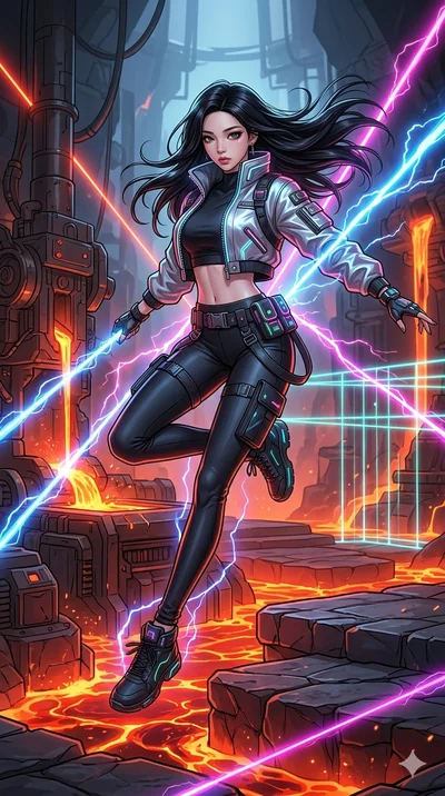 score_9, masterpiece, best quality, ultra-detailed, high-budget anime movie keyframe, cinematic anime lighting, intricate line art, Korean woman. Dynamic full-body shot stretching the vertical silhouette across the 9:16 frame. leaping gracefully in a