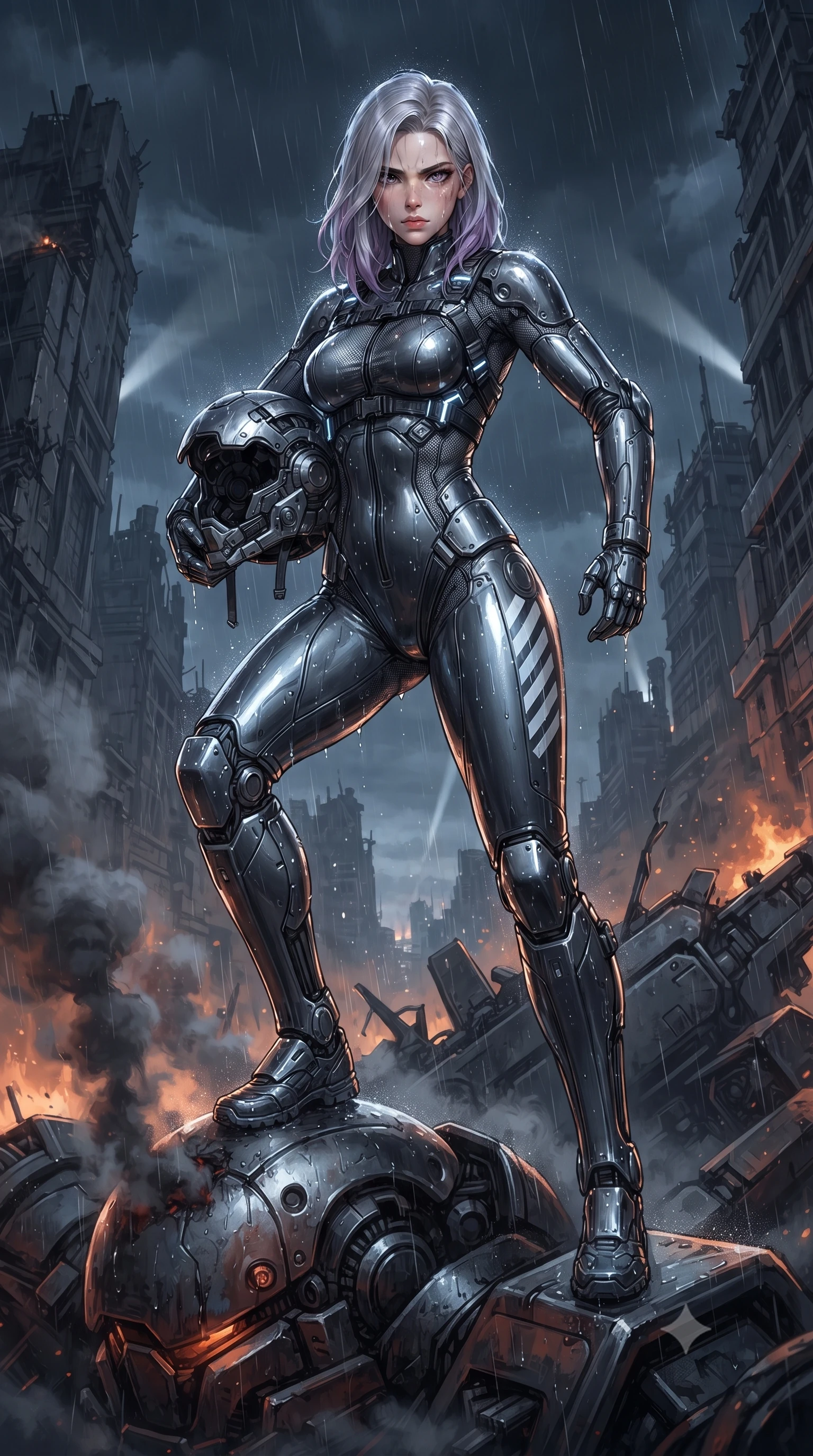 score_9, masterpiece, best quality, ultra-detailed, high-budget anime keyframe, editorial fashion photography, tasteful artistic composition, Caucasian woman. low angle full-body shot from head to toe showing her feet, filling the entire 9:16 vertical frame with her statuesque presence, stretching her vertical silhouette. striding forward with sovereign warrior elegance in a low, predatory combat advance through the ruins, hips swaying with fierce athletic poise while standing victorious atop the smoking armored carapace of a defeated colossal war-mech, holding her opened modular helmet under one arm. The surrounding environment is rendered in vivid detail and crisp panoramic clarity. high-contrast mechanical chiaroscuro and monumental war-machine wreckage captured with precision. She has an absolutely perfect, statuesque 8.5-heads proportion, an exceptionally tall and slender model-like female figure with impossibly long slender legs, a toned flat midriff, and an ultra-slim waist. sharp v-shaped jawline, high-bridge nose, intricate jewel-like eyes with depth, thick eyelashes, glossy lips with a natural sheen, fierce and resolute heroine expression, flawlessly proportioned anatomical accuracy, strict slender model proportions, natural body alignment, perfectly sculpted long slender limbs, ultra-slim waistline, clean dynamic posture without body distortion. holding a modular carbon battle-helmet under one arm, her flawless face and sculpted neck exposed to the rain with determined warrior focus, paired with an ultra-sleek high-gloss carbon-composite exoskeleton suit featuring kinetic shock-absorbing shin guards and flexible limb articulation joints in storm-grey carbon mesh with high-contrast white hazard stripes, made of liquid carbon-jersey fabric accentuating every curve of her tall, slender model proportions, reinforced by a heavy-duty titanium tactical harness and glowing micro-energy status straps, the glove-like aerodynamic second-skin fit tightly clinging to her ultra-slender waist and athletic curves without adding bulk, accentuating her razor-sharp statuesque lines and slim hourglass silhouette. surrounded by a triumphant, exhausted yet indomitable lone heroine sovereignty aura. ultra-reflective glossy finish, specular highlights, dark metallic sheen, high-contrast stereoscopic depth, volumetric dynamic lighting, 2k, ultra detail, master piece, 9:16 ratio