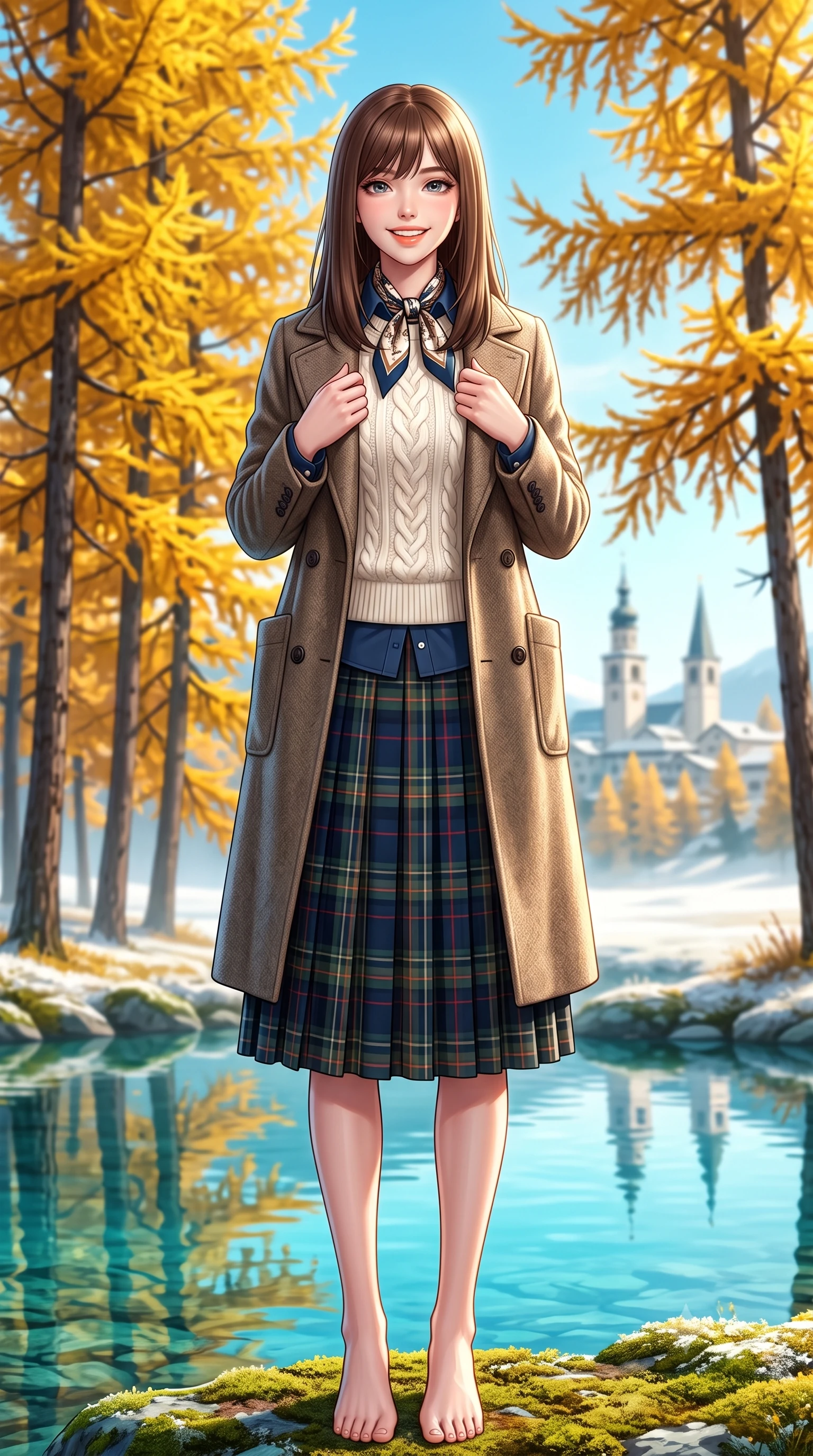 score_9, masterpiece, best quality, ultra-detailed, high-budget anime keyframe, semi-realistic 3D game render, editorial fashion photography, tasteful artistic composition, Korean woman. low angle full-body shot from head to toe showing her feet, filling the entire 9:16 vertical frame with her statuesque presence, stretching her vertical silhouette. standing tall and centered in the frame with hands tucked into her coat pockets, radiating statuesque poise and calm warmth while pausing beneath a stand of brilliant golden larch trees reflecting in the turquoise water, holding her coat lapels with refined elegance. The background shows a soft-focus distant St. Moritz village towers softened in pristine Swiss nature shallow focus. She has an exceptionally tall and slender model-like 8.5-heads proportion, an ultra-slim waist, a flat toned midriff, narrow delicate ribcage, and beautifully sculpted feminine hips creating a graceful, slim hourglass silhouette without any bulky heaviness, with impossibly long slender legs. sharp v-shaped jawline, high-bridge nose, intricate jewel-like sparkling eyes with depth, thick eyelashes, glossy parted lips with a natural peach sheen, bright cheerful beaming smile with an enchanting and coquettish sensual glint, exuding both youthful cute charm and seductive allure, flawlessly proportioned anatomical accuracy, strict slender model proportions, natural body alignment, perfectly sculpted long slender limbs, ultra-slim waistline, clean dynamic posture without body distortion. wearing an ivory cable-knit fisherman sweater paired with a pleated wool tartan midi skirt and a crisp collared poplin shirt in French navy blue and crisp alabaster white, made of luxurious brushed wool flannel with rich textural depth and clean structure, finished with a printed silk twilly scarf knotted gracefully around her neck, the expertly draped wool fabric falling in crisp fluid lines along her tall 8.5-heads silhouette, celebrating her slender frame without excess fabric bulk. illuminated by frosted ground bounce and sharp crystalline rim lights defining her features, narrow waist, and statuesque height. highly saturated vibrant anime colors, detailed shading with soft gradients, rich glossy textures, high-contrast stereoscopic depth, volumetric dynamic lighting, master piece, 9:16 ratio