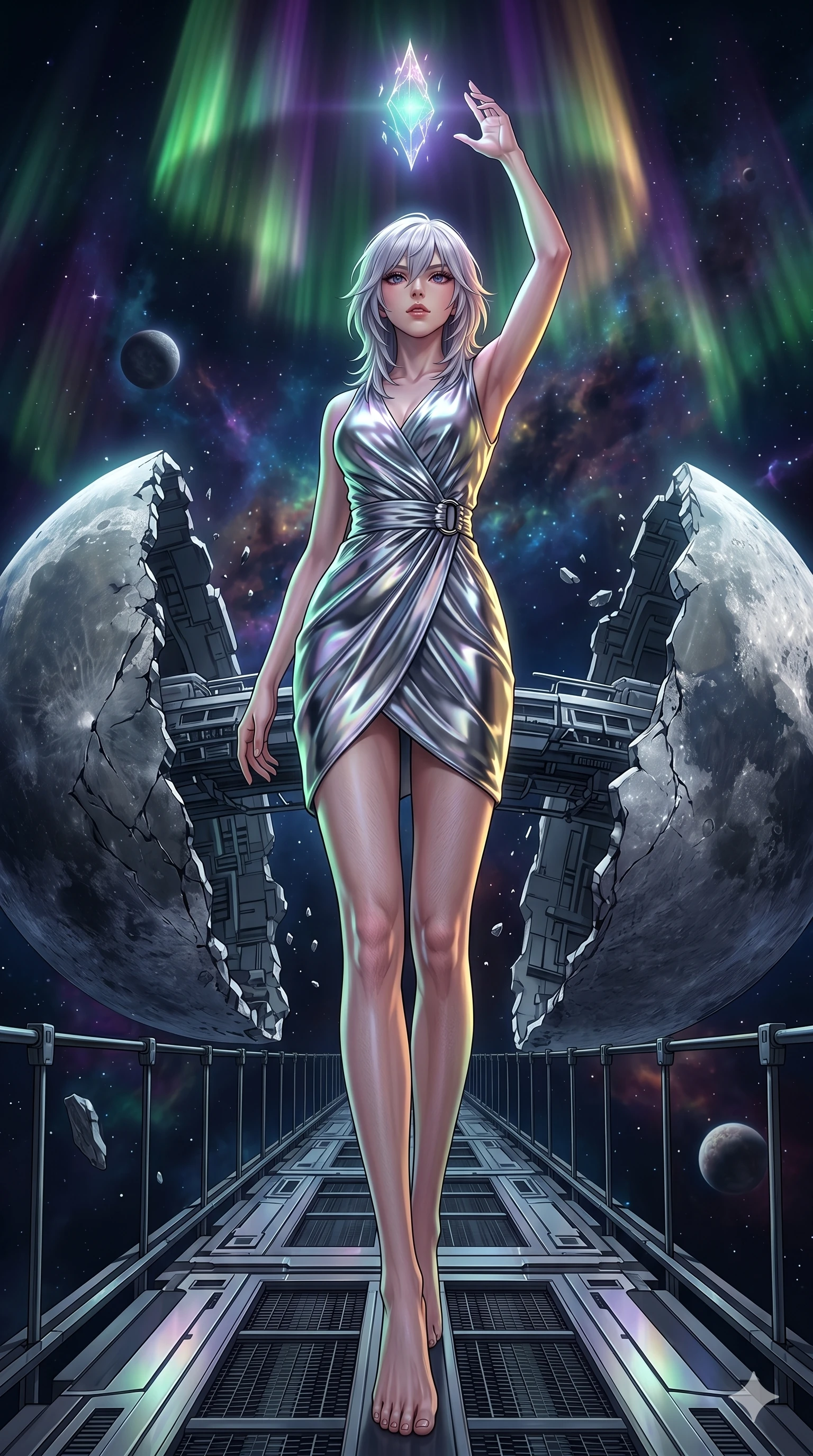 score_9, masterpiece, best quality, ultra-detailed, high-budget anime keyframe, editorial fashion photography, tasteful artistic composition, Japanese woman. low angle full-body shot from head to toe showing her feet, filling the entire 9:16 vertical frame with her statuesque presence, stretching her vertical silhouette. Reaching upward with one hand toward a floating shard of light, her body fully elongated on a spacebridge connecting two floating halves of a shattered metallic moon. She has an absolutely perfect 8-heads proportion, an exceptionally tall and slender female figure with impossibly long slender legs and an ultra-slim waist. V-shaped jawline, high-bridge nose, intricate jewel-like eyes with depth, thick eyelashes, glossy lips with a natural sheen. wearing a modern wrap dress in liquid mercury fabric with a cinched metal buckle waist and an asymmetric hem. illuminated by a shifting aurora palette of green, violet, and gold from above, wrapping her in color. 2k, ultra detail, master piece, 9:16 ratio