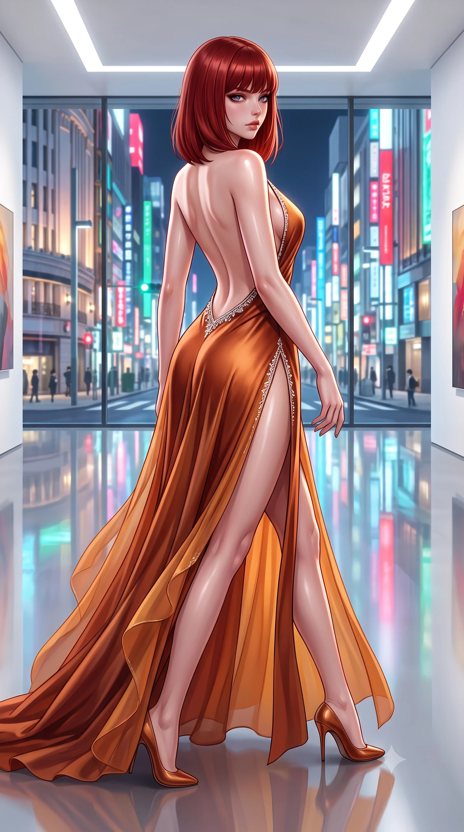 score_9, masterpiece, best quality, ultra-detailed, high-budget anime keyframe, semi-realistic 3D game render, editorial fashion photography, tasteful artistic composition, Caucasian woman. close-up cowboy shot from the waist and thighs up, the character dominates the composition, filling the frame with her large presence. twisting her slender torso in a deep contrapposto stance, hips dramatically shifted to accentuate her feminine curves while looking past her shoulder with smoldering bedroom-eyes while striding down the reflective gallery floor, her sleek aerodynamic outfit clinging to her narrow waist and long slender legs. The surrounding environment is rendered in vivid detail and crisp panoramic clarity. detailed couture fabric textures, glossy skin highlights, and Tokyo Ginza streetscape clarity in high resolution. She has an exceptionally elegant, slender, and willowy female figure with an ultra-slim waist, flat toned midriff, narrow ribcage, and sculpted feminine hips creating an alluring, slim hourglass silhouette without bulk. sharp v-shaped jawline, high-bridge nose, intricate jewel-like eyes with depth, thick eyelashes, glossy parted lips with a natural sheen, intensely captivating and seductive bedroom-eyes expression, flawlessly proportioned anatomical accuracy, strict slender model proportions, natural body alignment, perfectly sculpted long slender limbs, ultra-slim waistline, clean dynamic posture without body distortion. wearing a plunging-V neckline duchess satin gown with high side slits ascending to the high hip in rich copper bronze and warm amber, woven from layered gossamer chiffon with a weightless sweeping drape, finished with delicate crystal frost embroidery tracing the plunging neckline, the precision-cut side openings and low-back scoop framing her graceful spine and the sensual sweep of her slim, toned hips. bathed in pure, diffused designer architectural lighting and vibrant Tokyo street neon reflections. highly saturated vibrant anime colors, detailed shading with soft gradients, rich glossy textures, high-contrast stereoscopic depth, volumetric dynamic lighting, master piece, 9:16 ratio