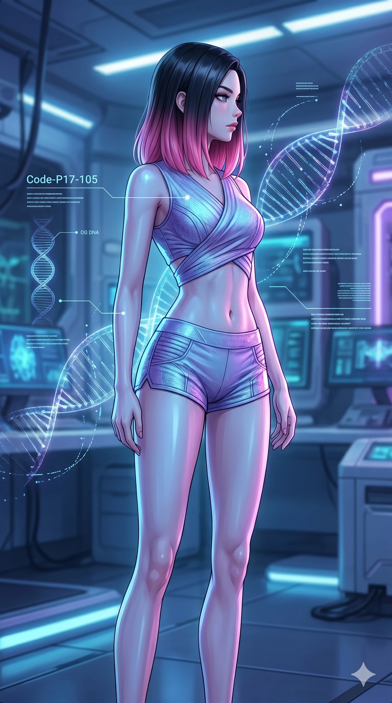 score_9, masterpiece, best quality, ultra-detailed, high-budget anime keyframe, editorial fashion photography, tasteful artistic composition, Korean woman. cowboy shot from the thighs up, character and outfit filling the frame for maximum editorial presence. turning her face in a sharp profile, her expression cool, confident in a laboratory with floating holographic DNA lines (Code-P17-105). She has an absolutely perfect 8-heads proportion, an exceptionally tall and slender female figure with impossibly long slender legs and an ultra-slim waist. V-shaped jawline, high-bridge nose, intricate jewel-like eyes with depth, thick eyelashes, glossy lips with a natural sheen. wearing a wrap top exposing her bare midriff and matching micro-shorts. cool blue and violet neon light, highlighting the sleek contours of her athletic figure. 2k, ultra detail, master piece, 9:16 ratio